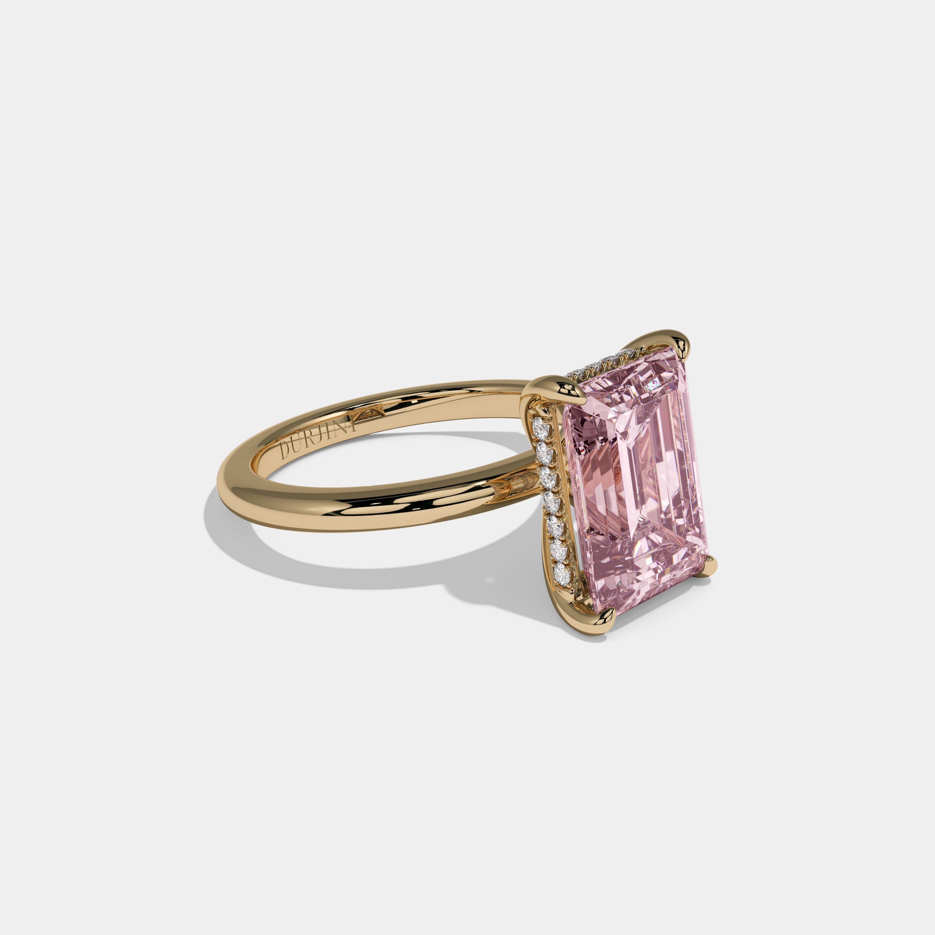 Charlotte Fancy Pink Emerald Cut Diamond Plain Band Engagement Ring 6.5ct 18K Yellow Gold