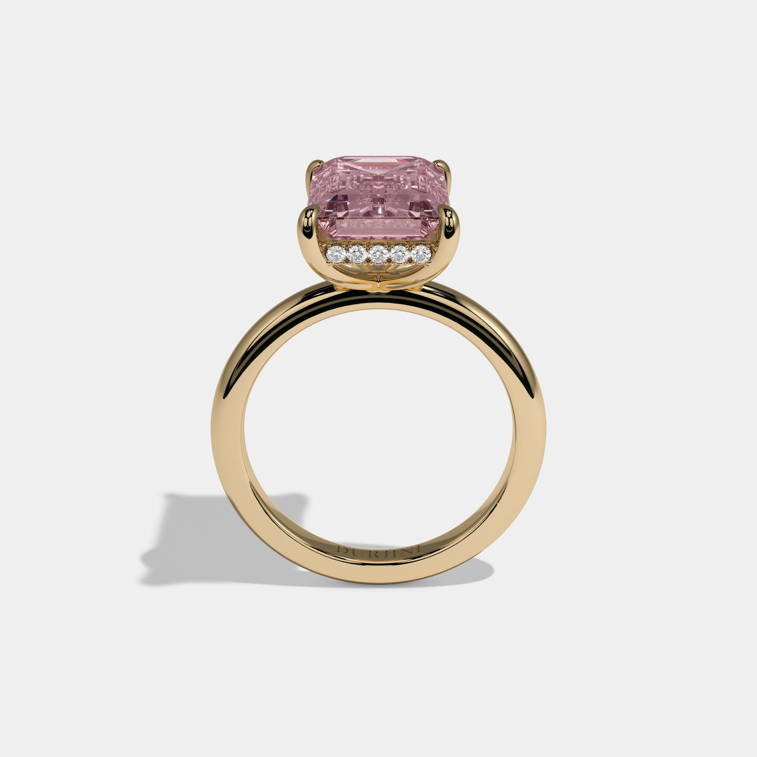 Charlotte Fancy Pink Emerald Cut Diamond Plain Band Engagement Ring 6.5ct 18K Yellow Gold