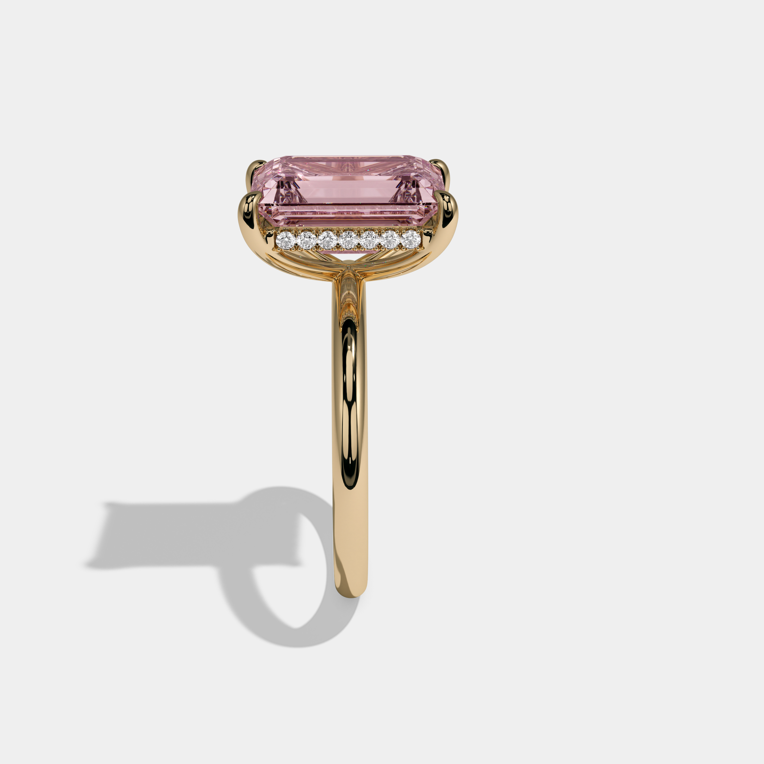 Charlotte Fancy Pink Emerald Cut Diamond Plain Band Engagement Ring 6.5ct 18K Yellow Gold