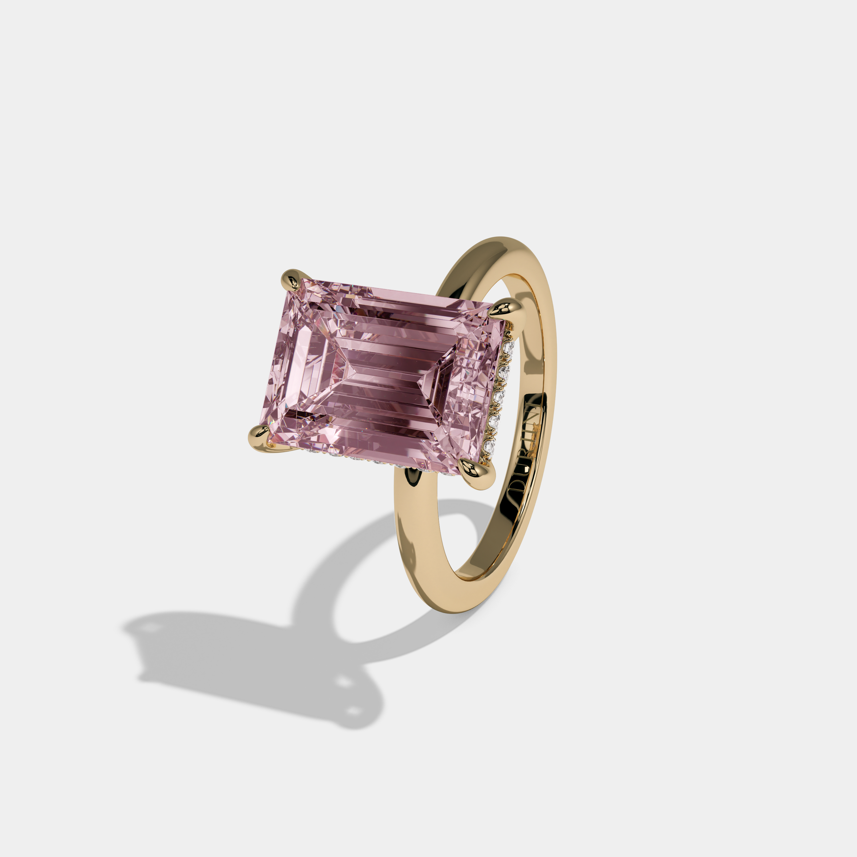 Charlotte Fancy Pink Emerald Cut Diamond Plain Band Engagement Ring 6.5ct 18K Yellow Gold