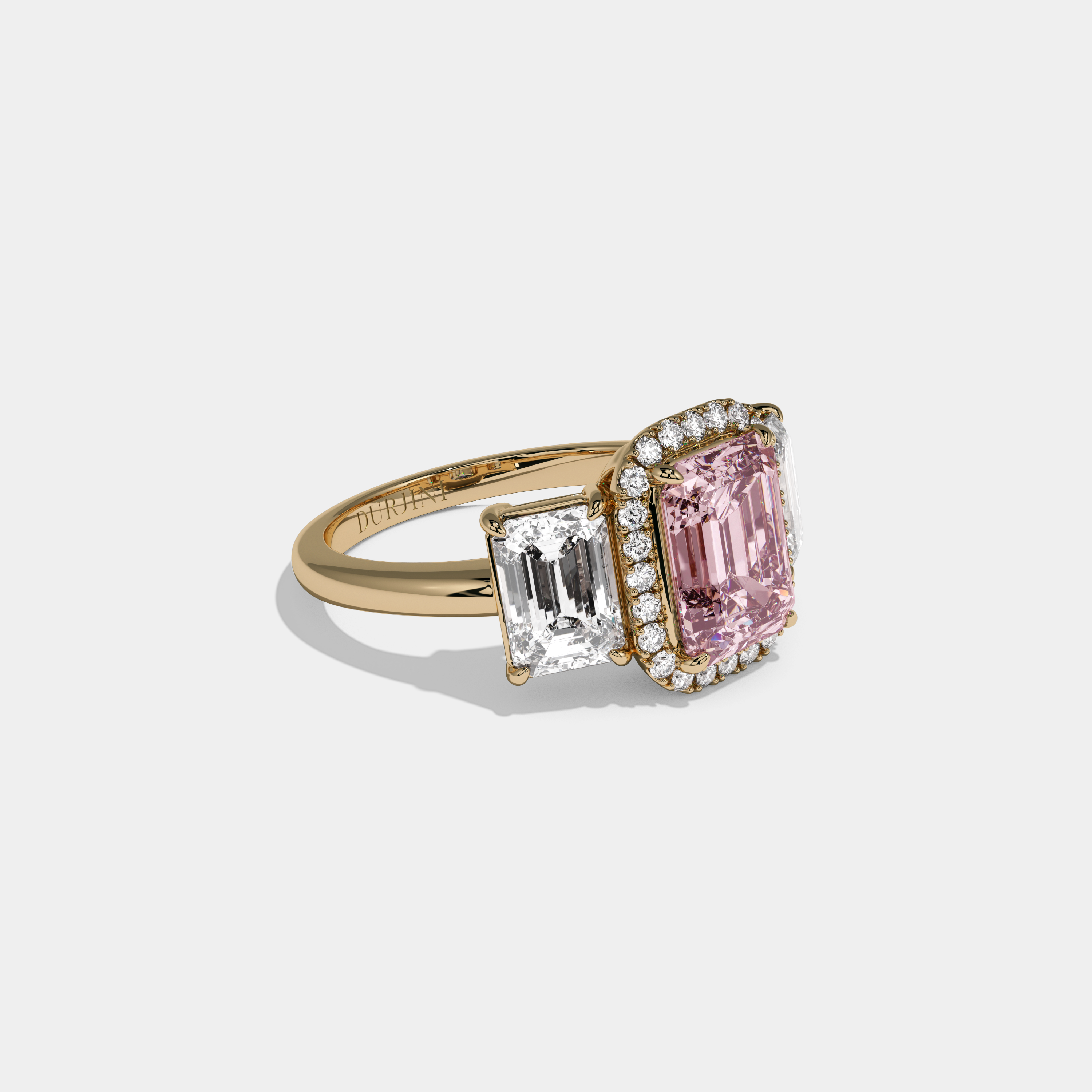 Catherine Fancy Pink Emerald Cut Diamond Plain Band With Emerald Cut Sides Engagement Ring 8ct 18K Yellow Gold