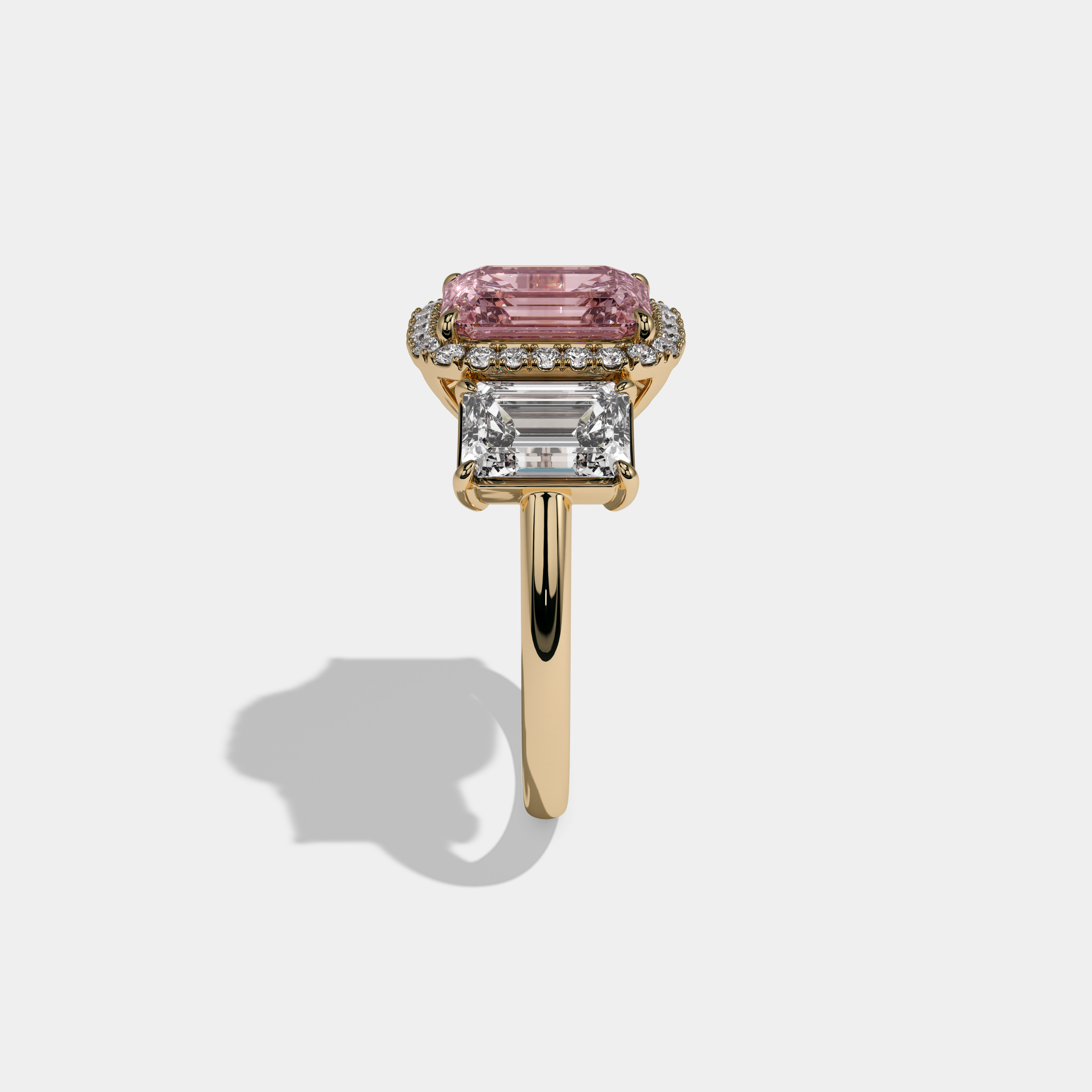 Catherine Fancy Pink Emerald Cut Diamond Plain Band With Emerald Cut Sides Engagement Ring 8ct 18K Yellow Gold