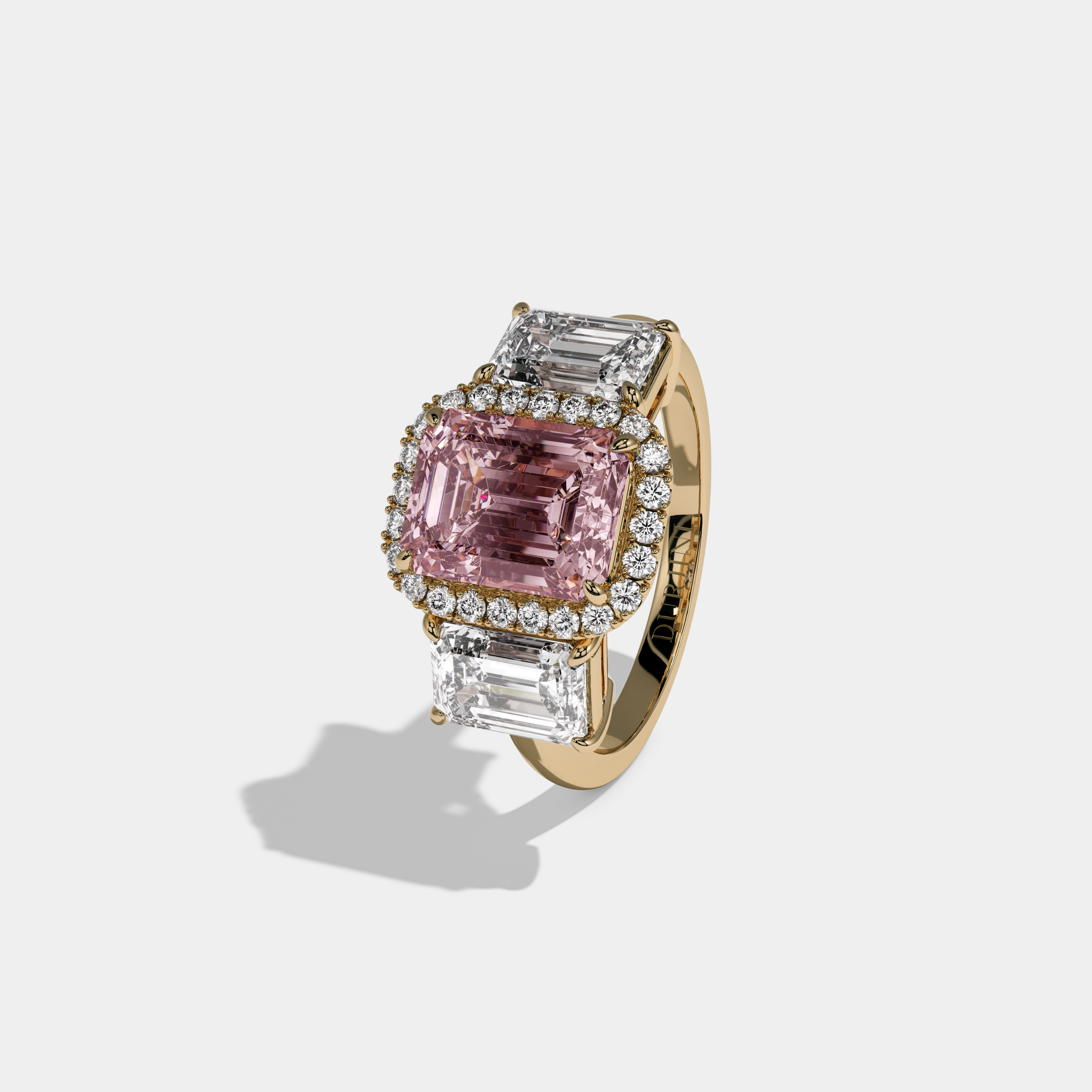 Catherine Fancy Pink Emerald Cut Diamond Plain Band With Emerald Cut Sides Engagement Ring 8ct 18K Yellow Gold
