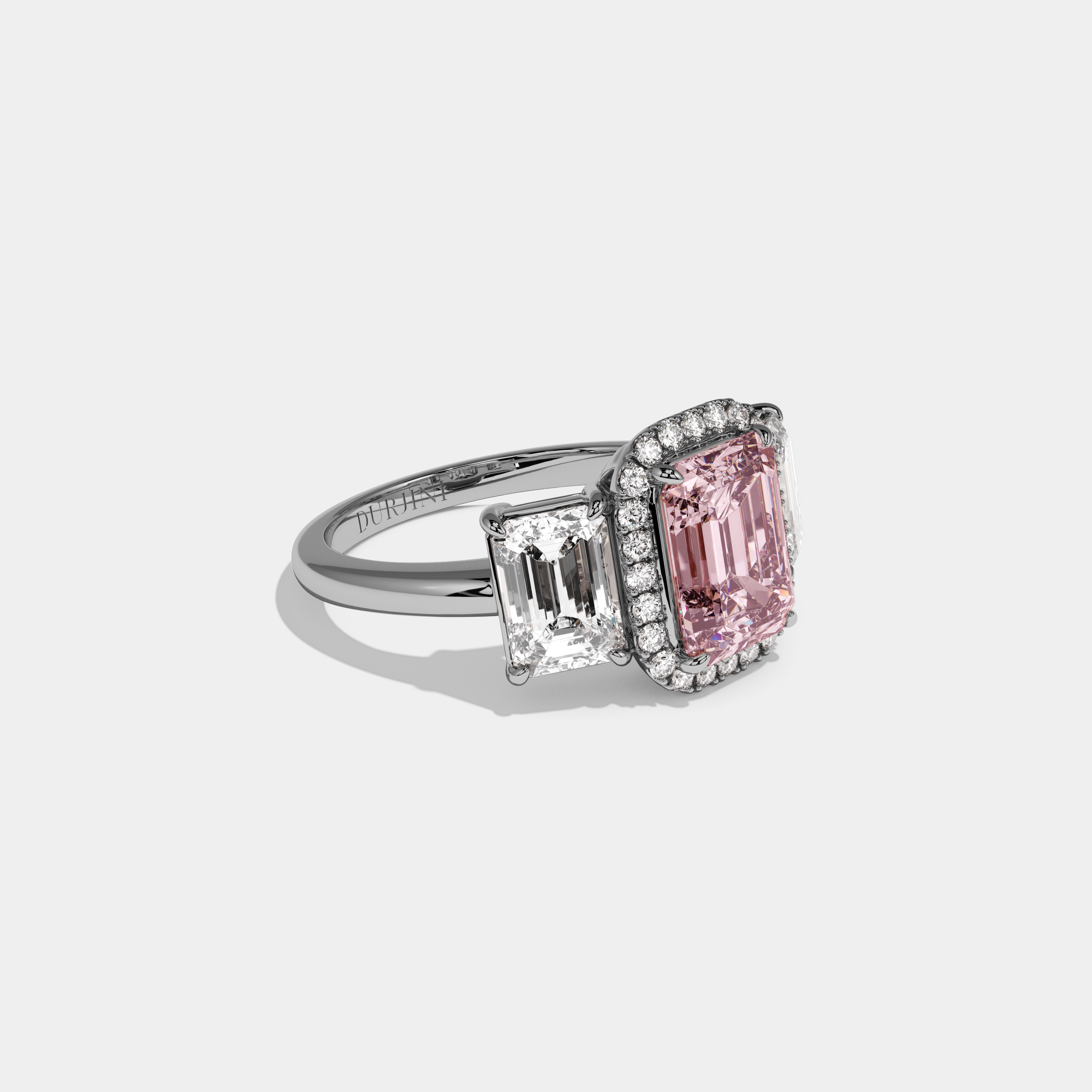 Alexandra Fancy Pink Emerald Cut Diamond Plain Band With Emerald Cut Sides Engagement Ring 8ct 18K White Gold