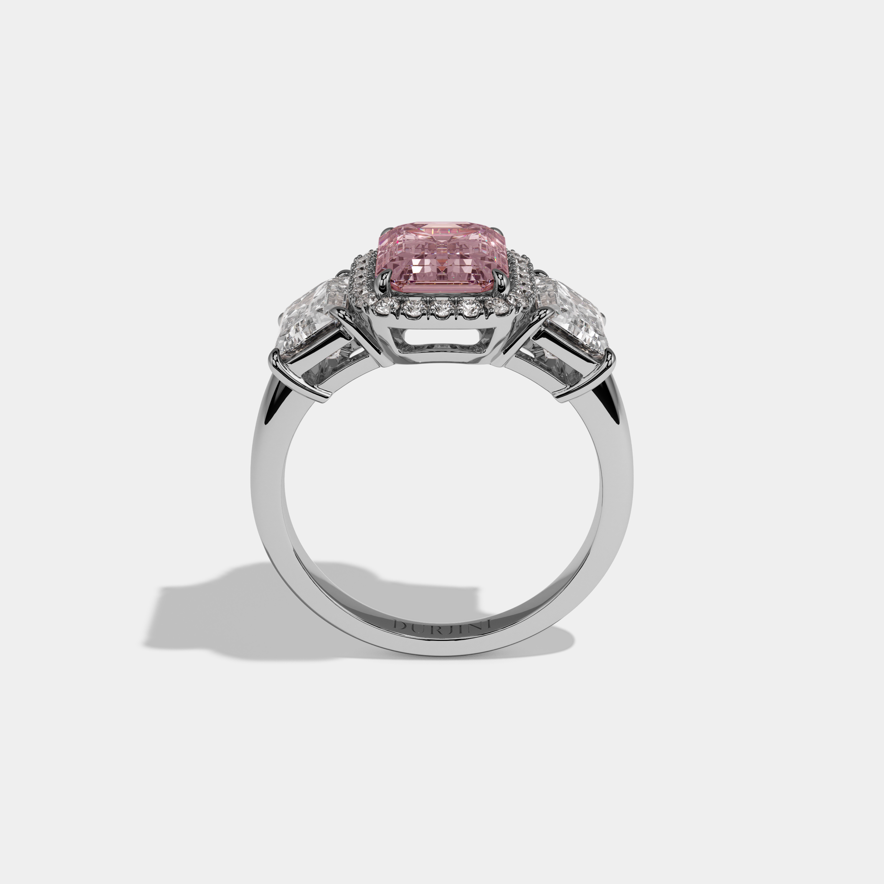Alexandra Fancy Pink Emerald Cut Diamond Plain Band With Emerald Cut Sides Engagement Ring 8ct 18K White Gold