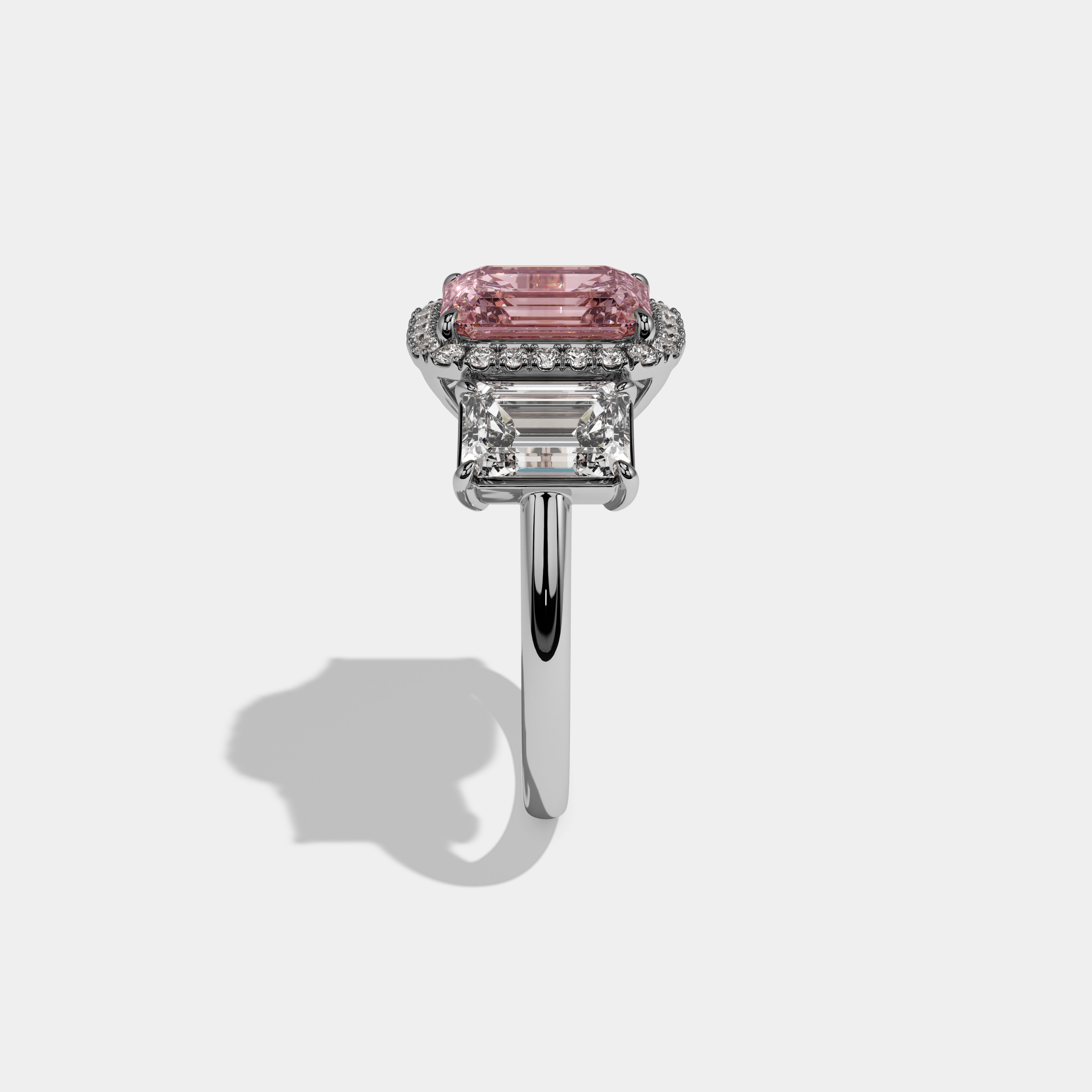 Alexandra Fancy Pink Emerald Cut Diamond Plain Band With Emerald Cut Sides Engagement Ring 8ct 18K White Gold
