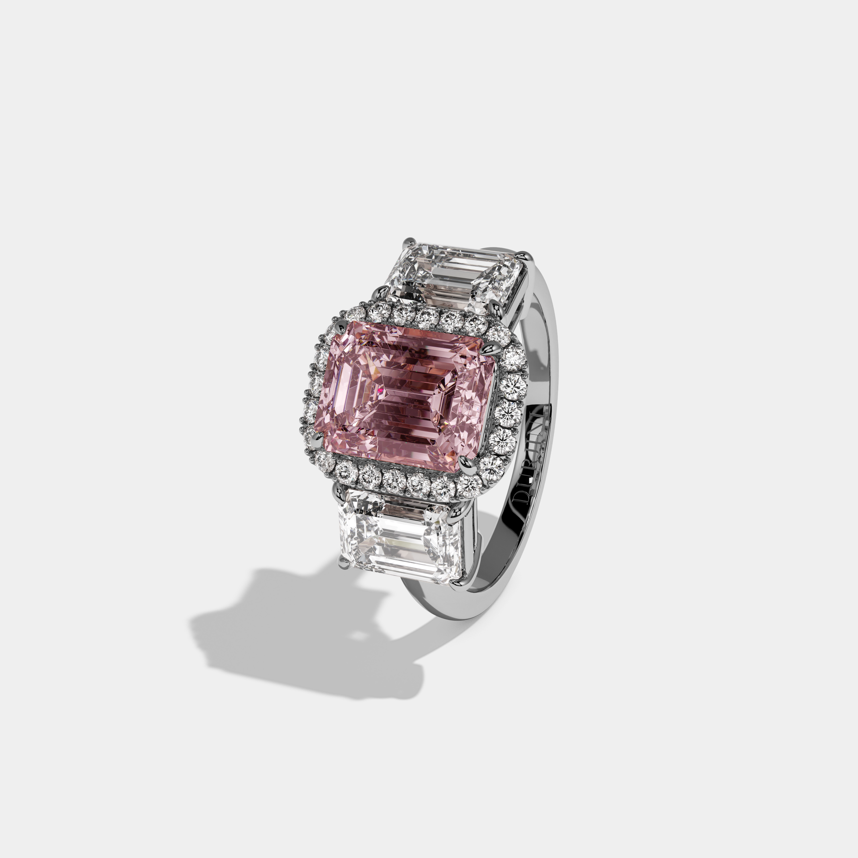 Alexandra Fancy Pink Emerald Cut Diamond Plain Band With Emerald Cut Sides Engagement Ring 8ct 18K White Gold