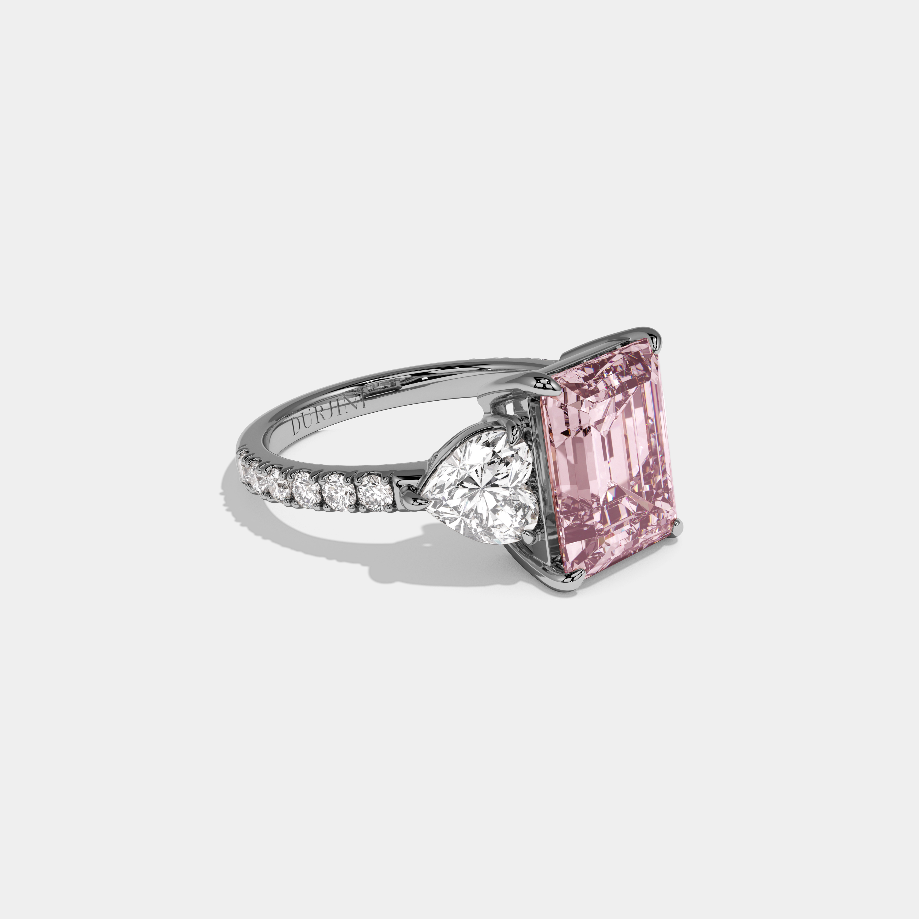 Beatrice Fancy Pink Emerald Cut Diamond Band With Heart Cut Sides Engagement Ring 8ct 18K White Gold
