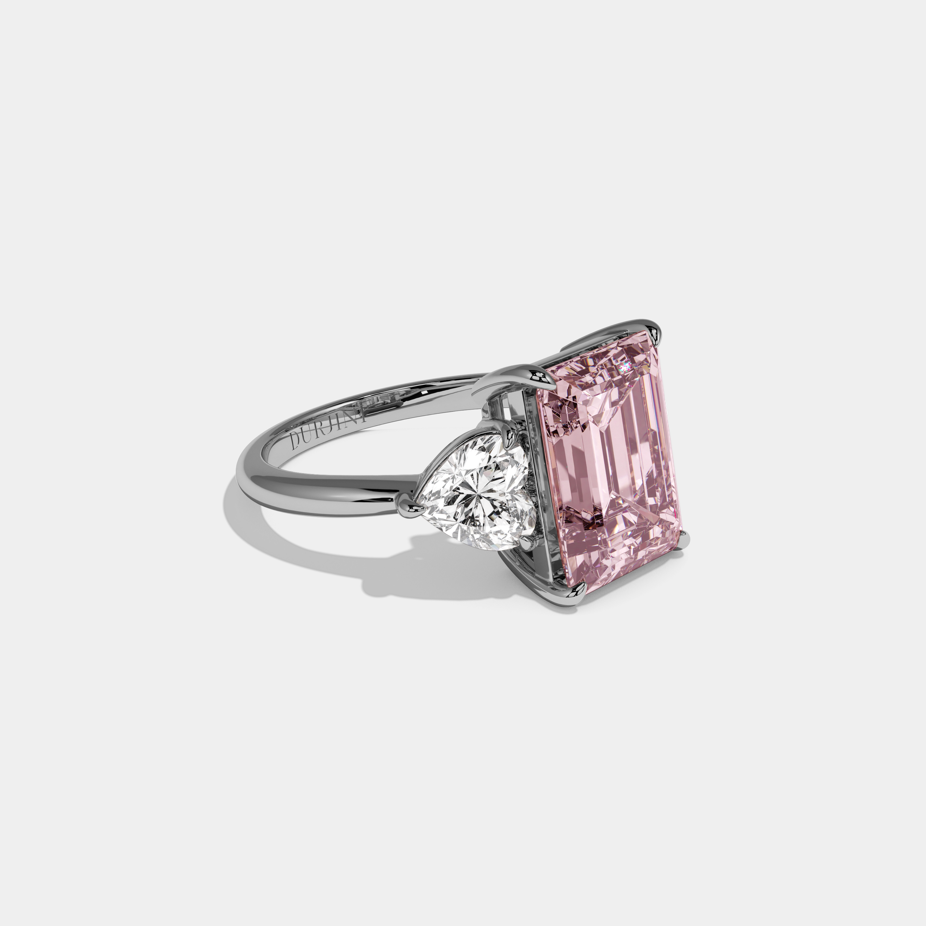 Beatrice Fancy Pink Emerald Cut Diamond Plain Band With Heart Cut Sides Engagement Ring 8ct 18K White Gold