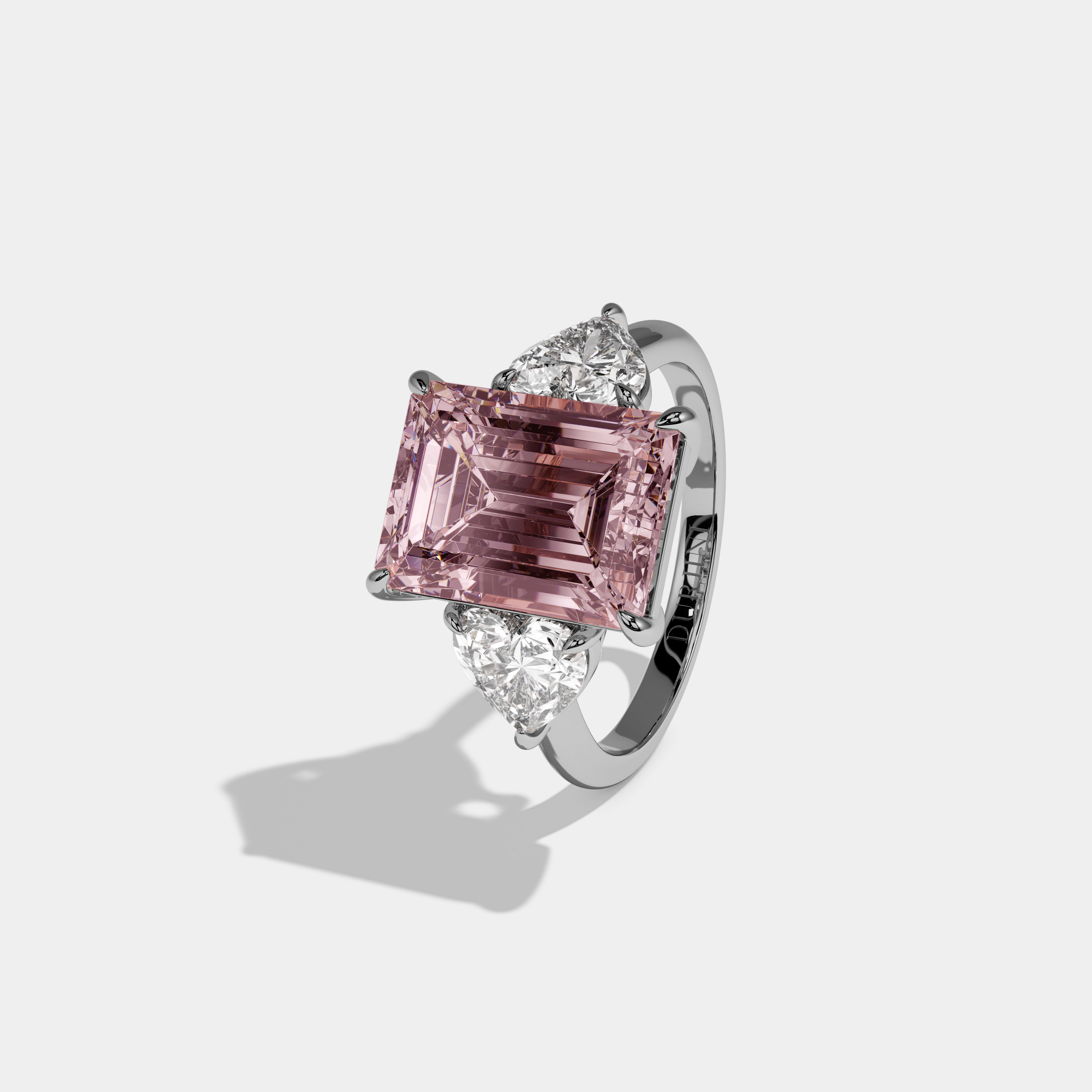 Beatrice Fancy Pink Emerald Cut Diamond Plain Band With Heart Cut Sides Engagement Ring 8ct 18K White Gold