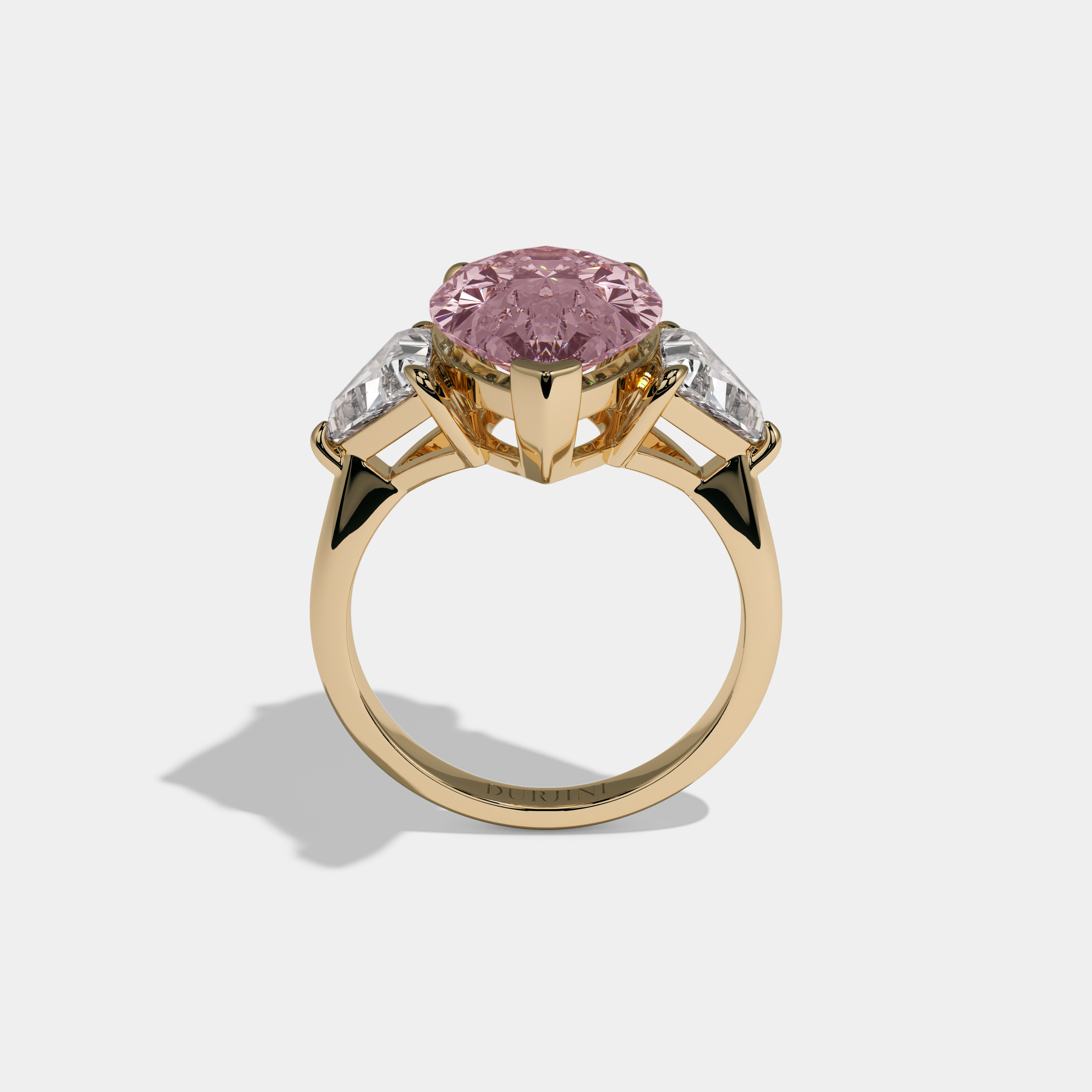 Catherine Fancy Pink Pear Cut Diamond Plain Band With Triangle Cut Sides Engagement Ring 8ct 18K Yellow Gold
