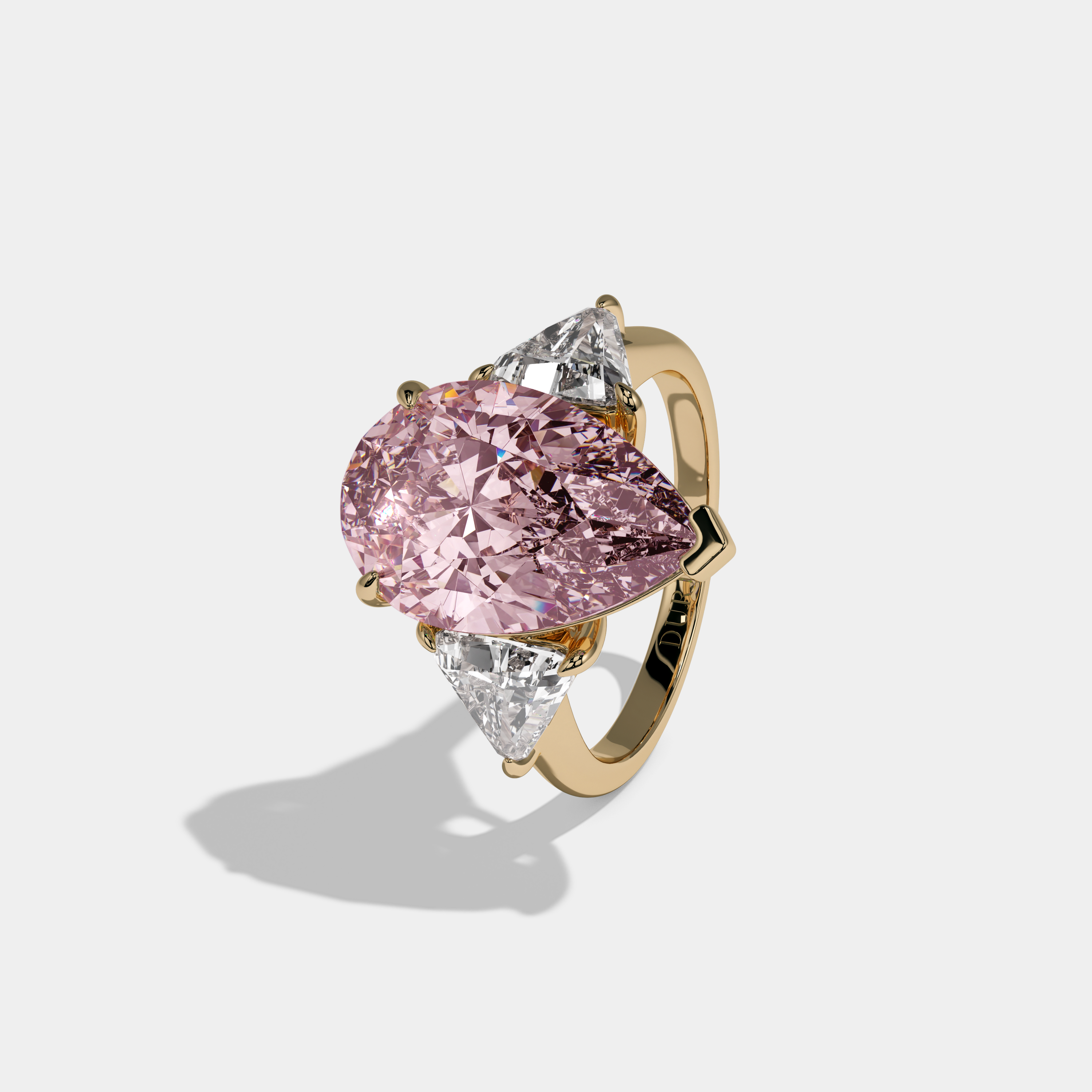 Catherine Fancy Pink Pear Cut Diamond Plain Band With Triangle Cut Sides Engagement Ring 8ct 18K Yellow Gold