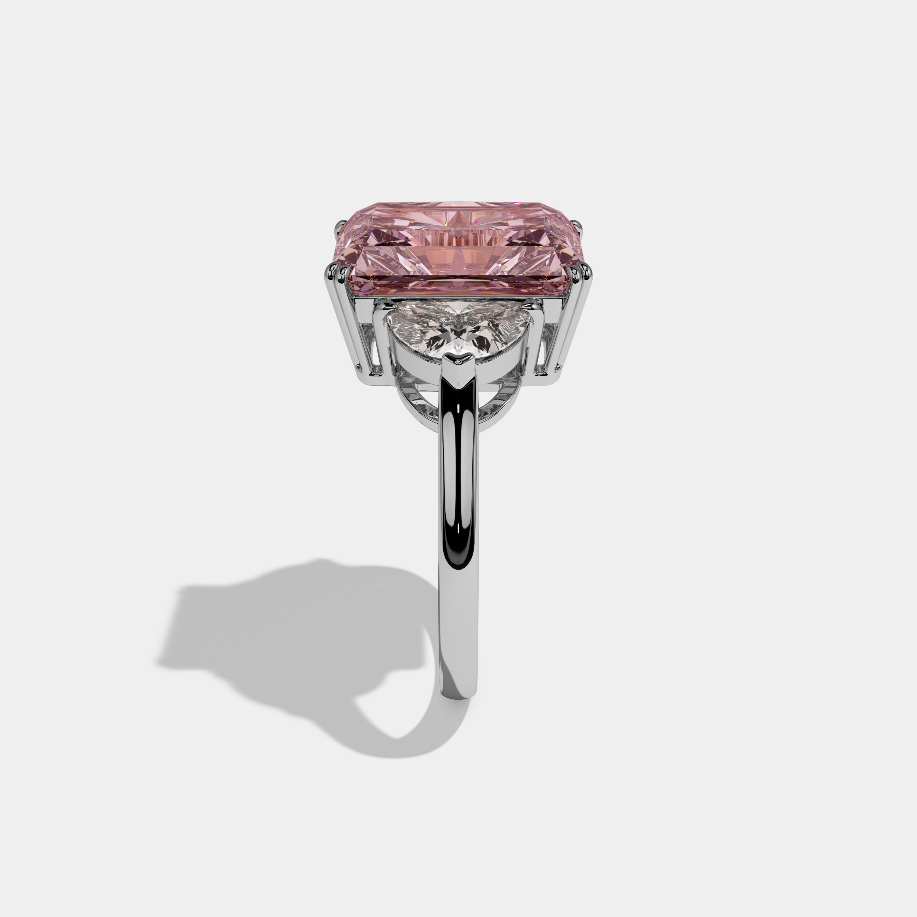 Beatrice Fancy Pink Radiant Cut Diamond Plain Band With Half Moon Sides Engagement Ring 8ct 18K White Gold