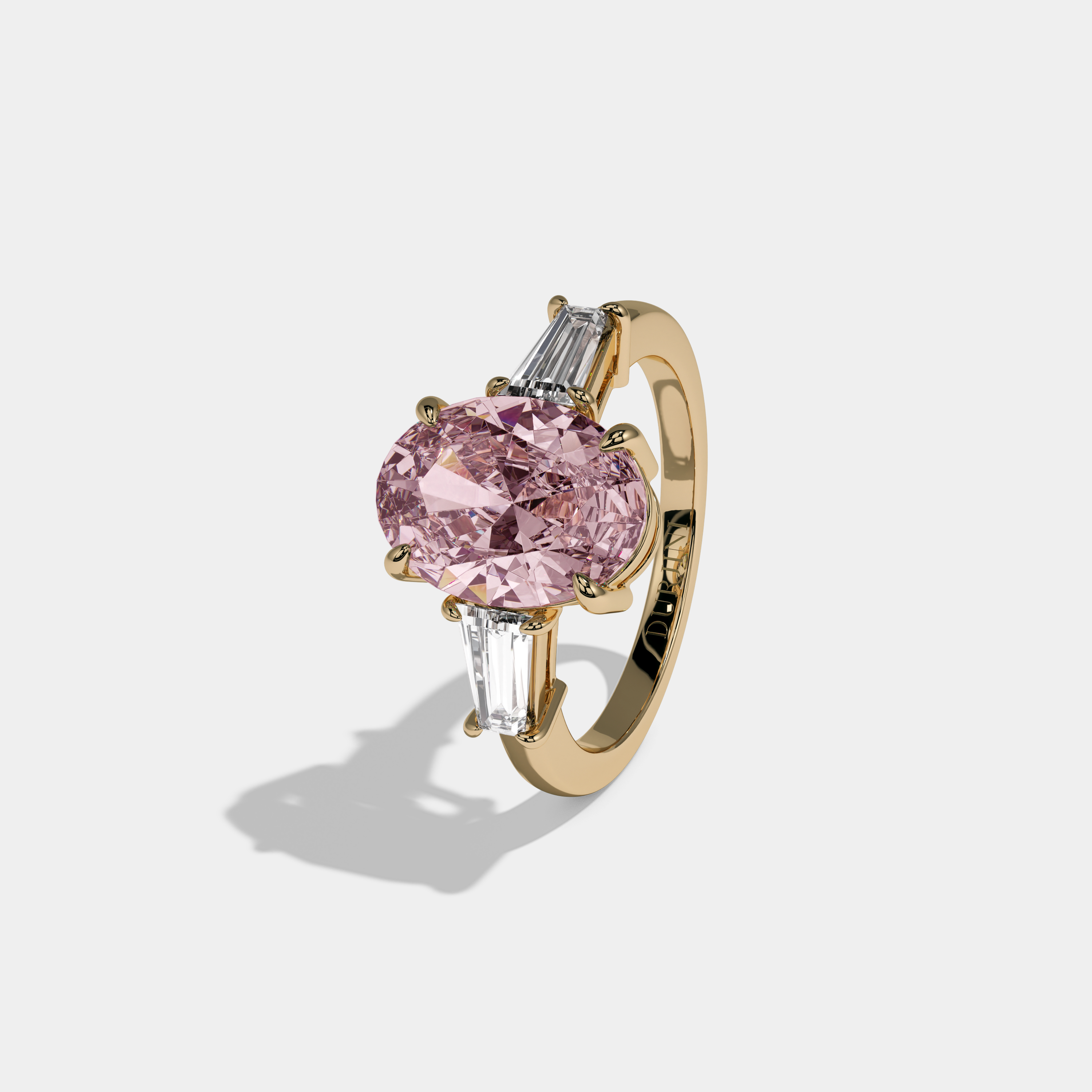 Charlotte Fancy Pink Oval Cut Diamond Plain Band Engagement Ring With Baguette Cut Sides 6ct 18K Yellow Gold