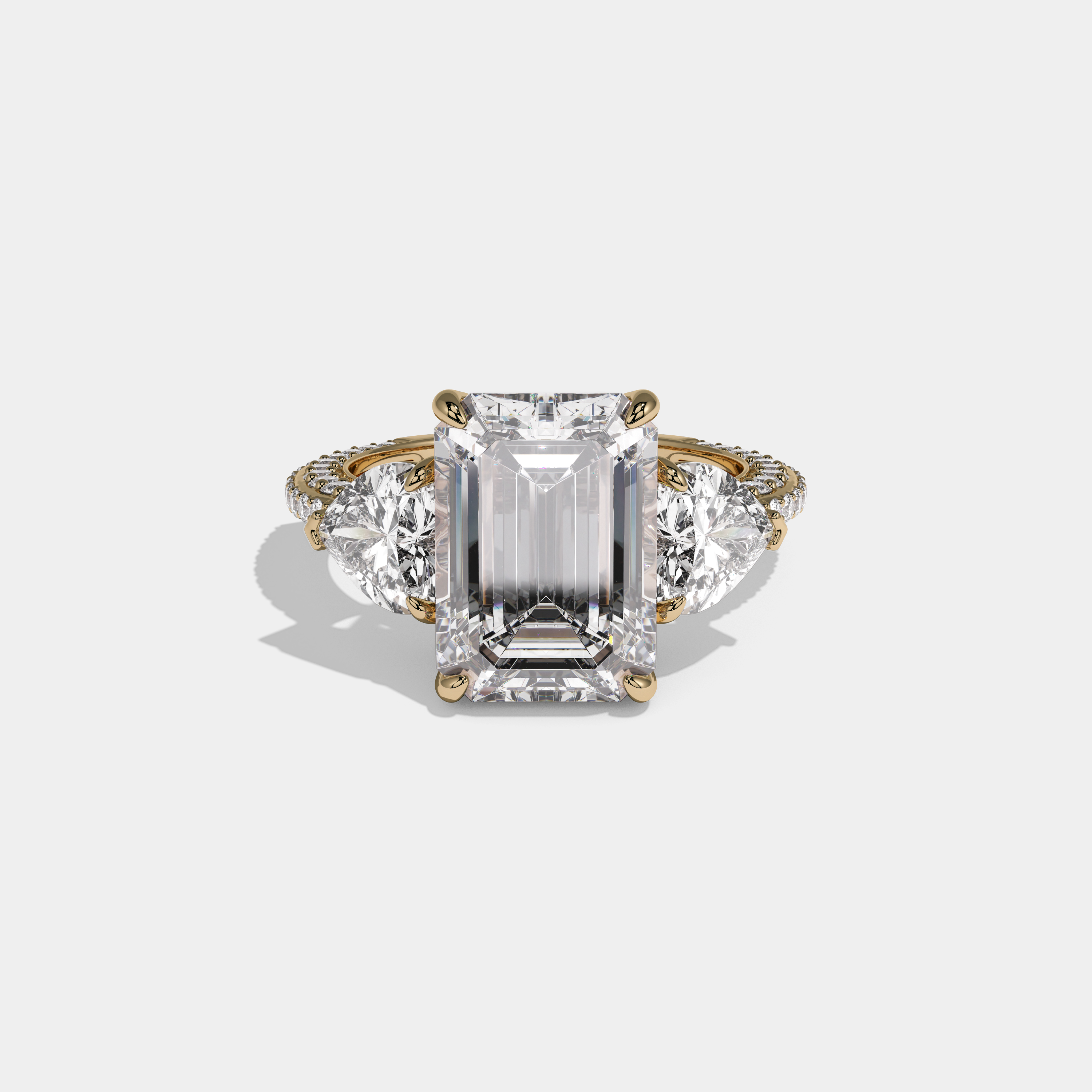 Elizabeth Emerald Cut Diamond Halo Band With Twin Heart Sides Engagement Ring 10ct 18K Yellow Gold