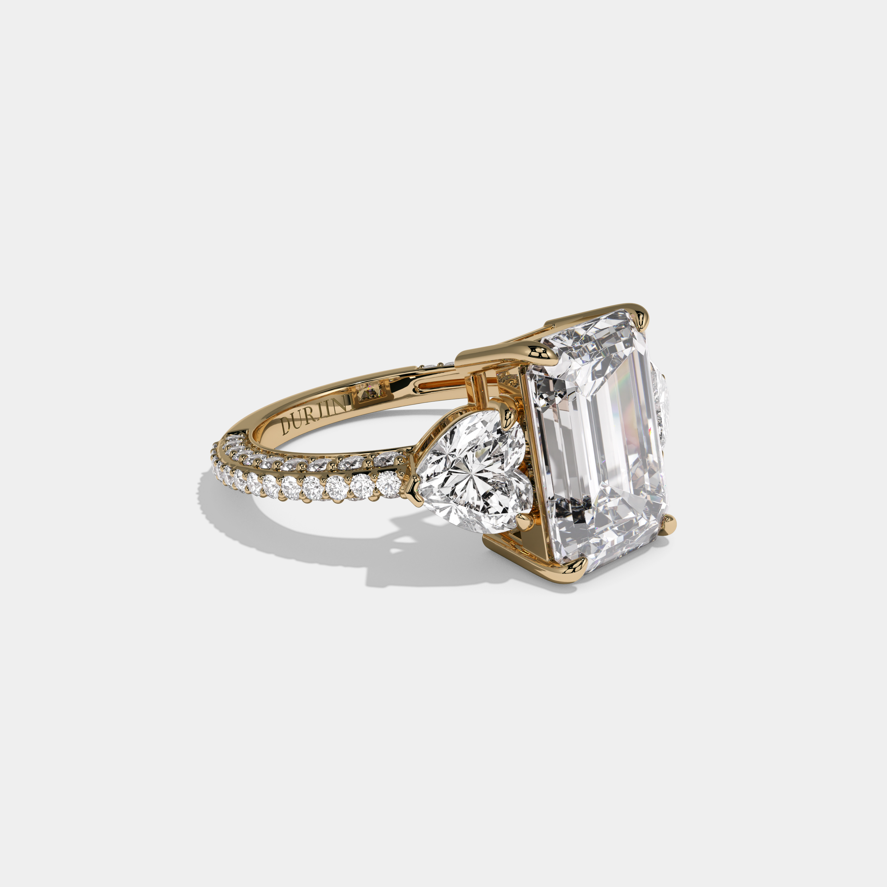 Elizabeth Emerald Cut Diamond Halo Band With Twin Heart Sides Engagement Ring 10ct 18K Yellow Gold
