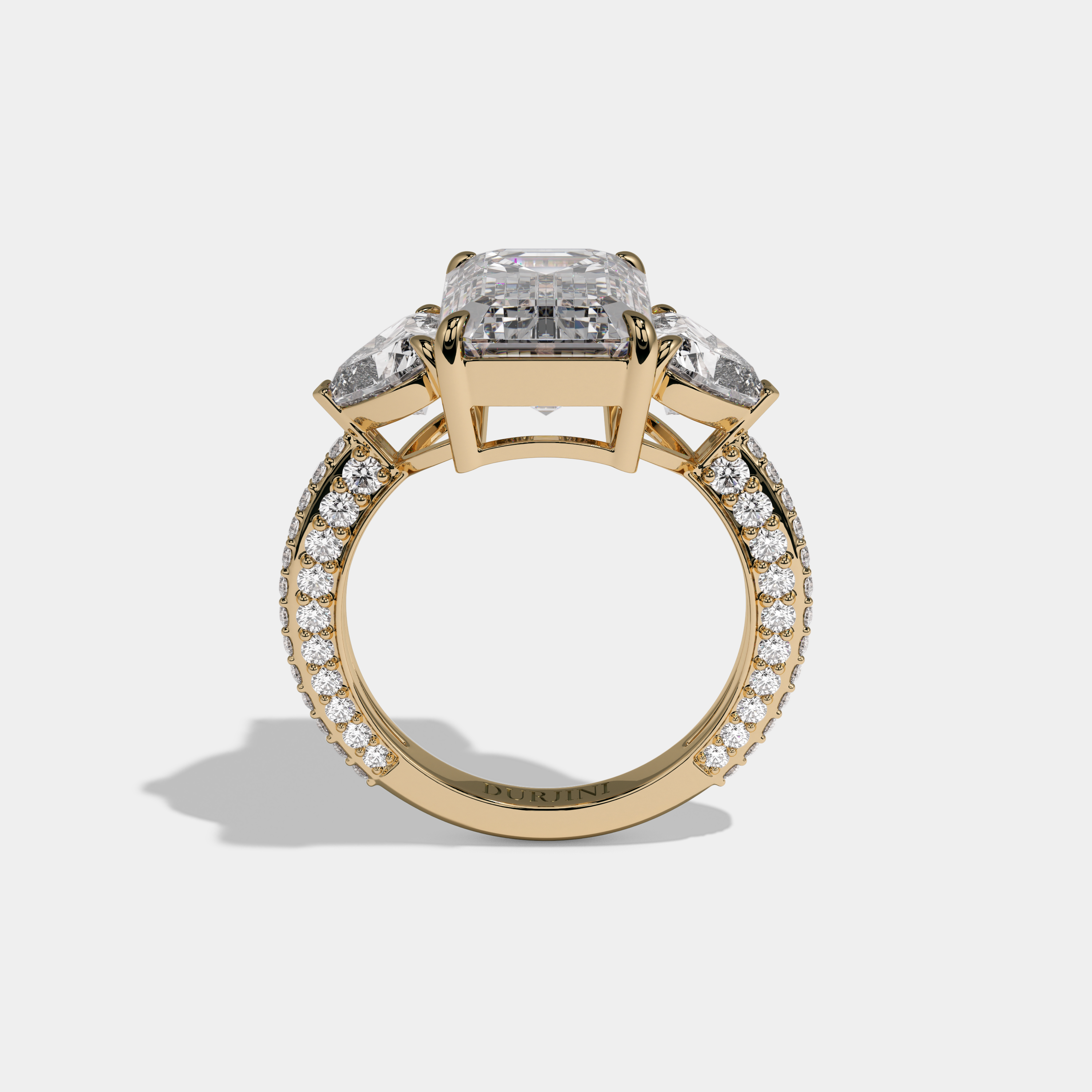 Elizabeth Emerald Cut Diamond Halo Band With Twin Heart Sides Engagement Ring 10ct 18K Yellow Gold
