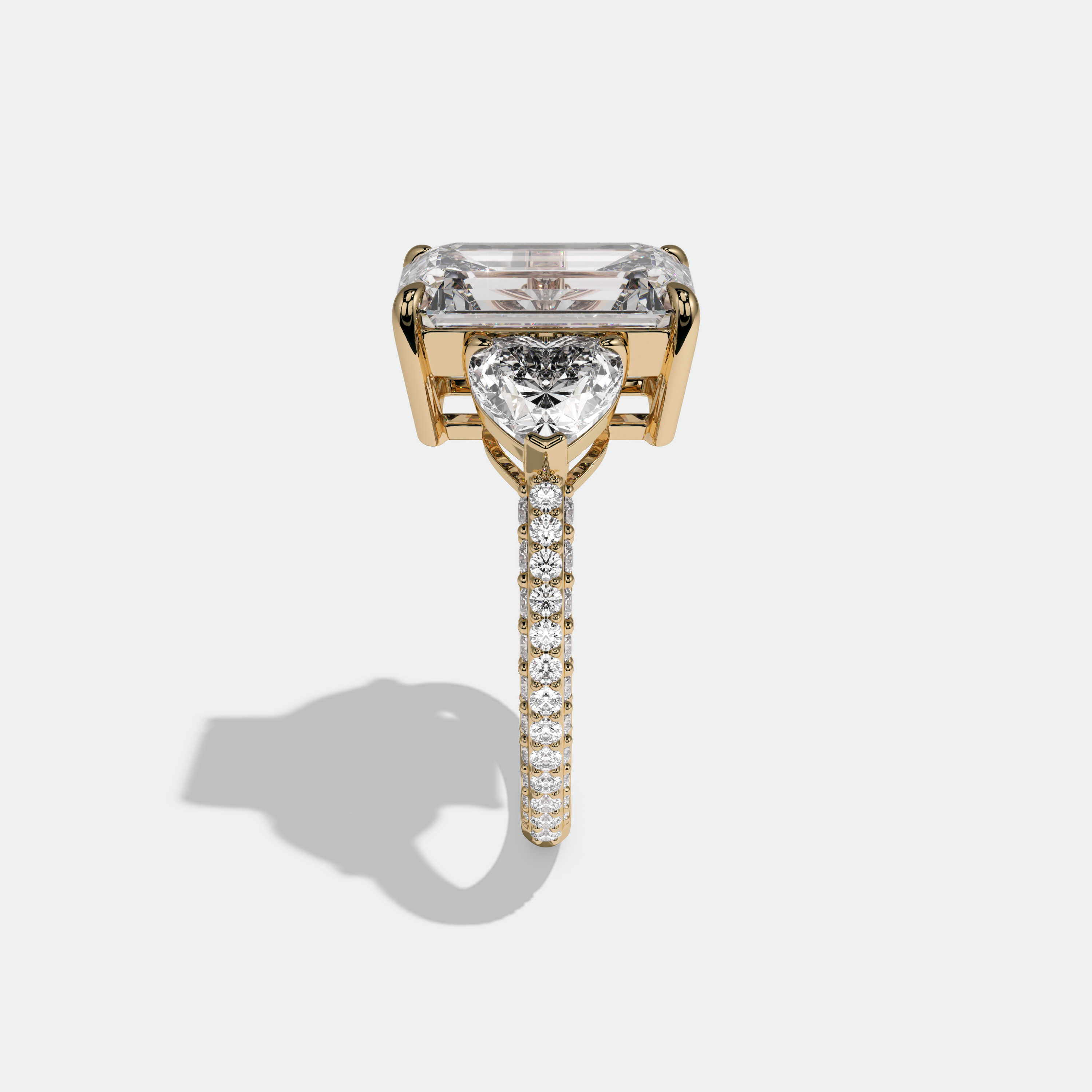 Elizabeth Emerald Cut Diamond Halo Band With Twin Heart Sides Engagement Ring 10ct 18K Yellow Gold
