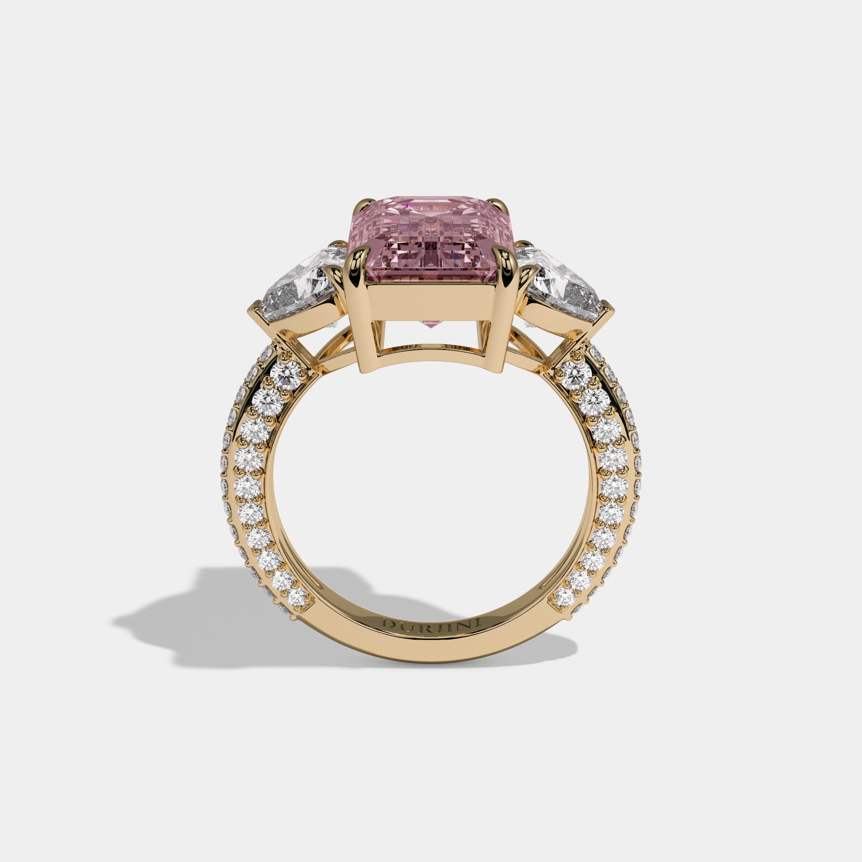 Charlotte Fancy Pink Emerald Cut Diamond Band With Heart Cut Sides Engagement Ring 8ct 18K Yellow Gold