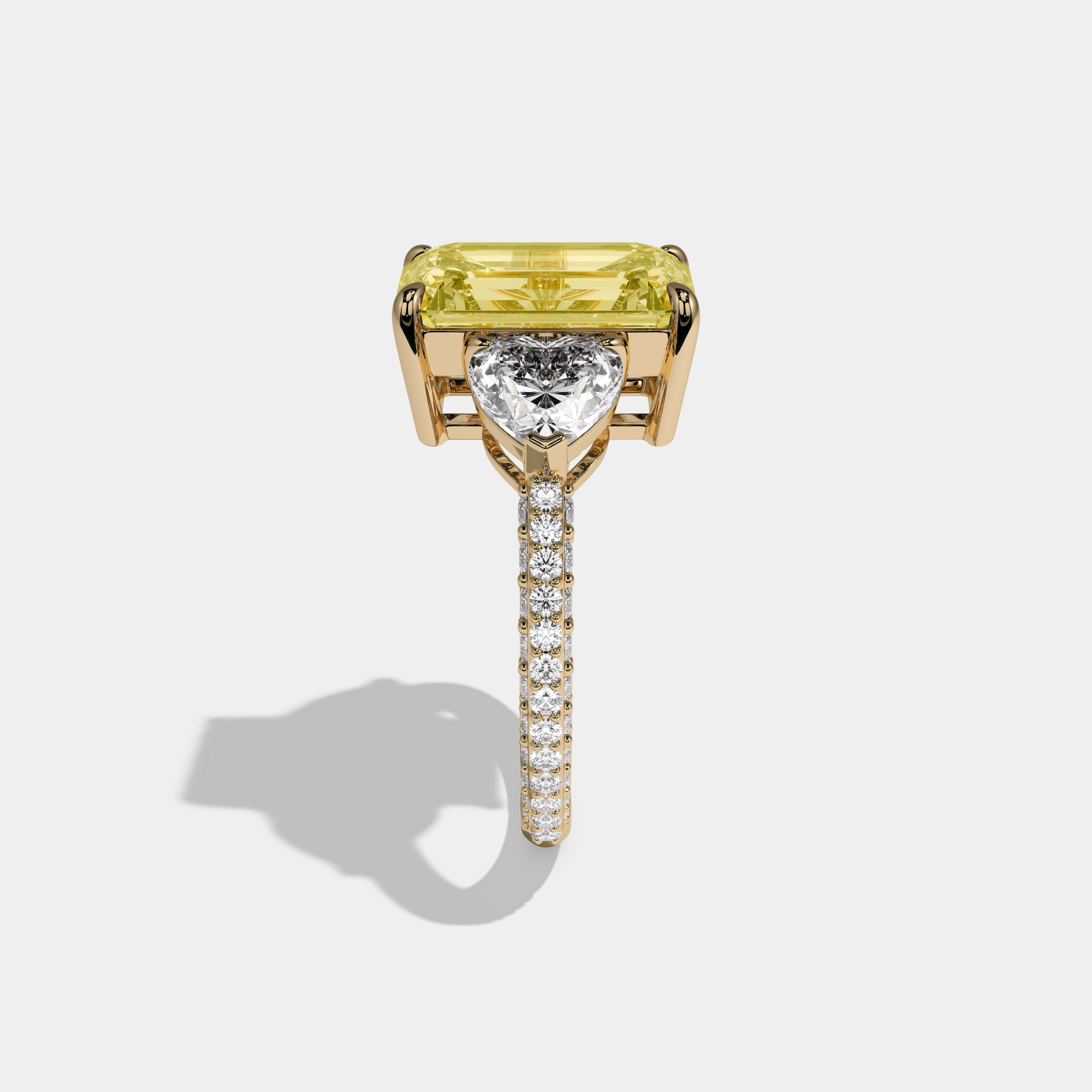 Charlotte Fancy Yellow Emerald Cut Diamond Halo Band With Twin Heart Sides Engagement Ring 10ct 18K Yellow Gold