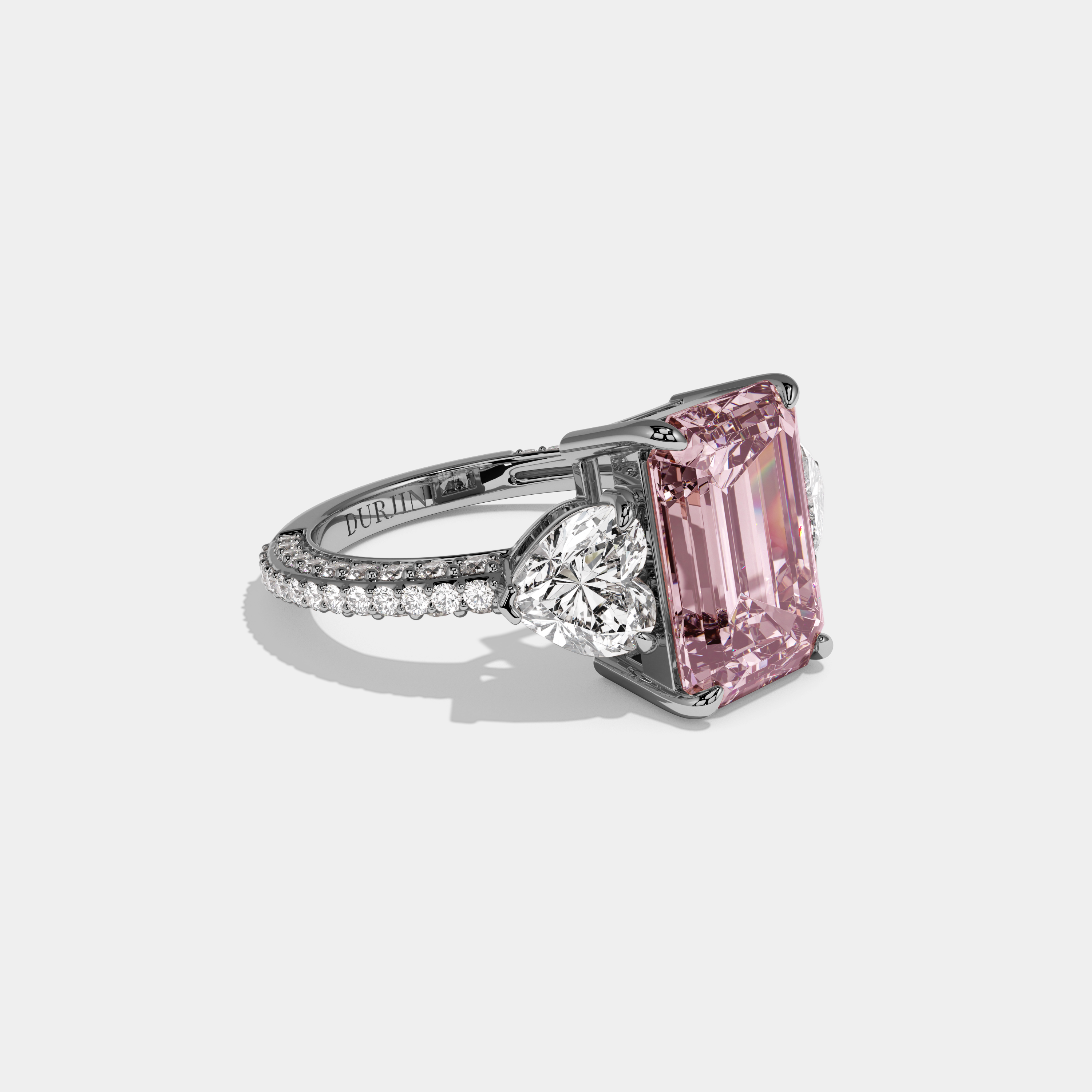 Beatrice Fancy Pink Emerald Cut Diamond Band With Heart Cut Sides Engagement Ring 8ct 18K White Gold