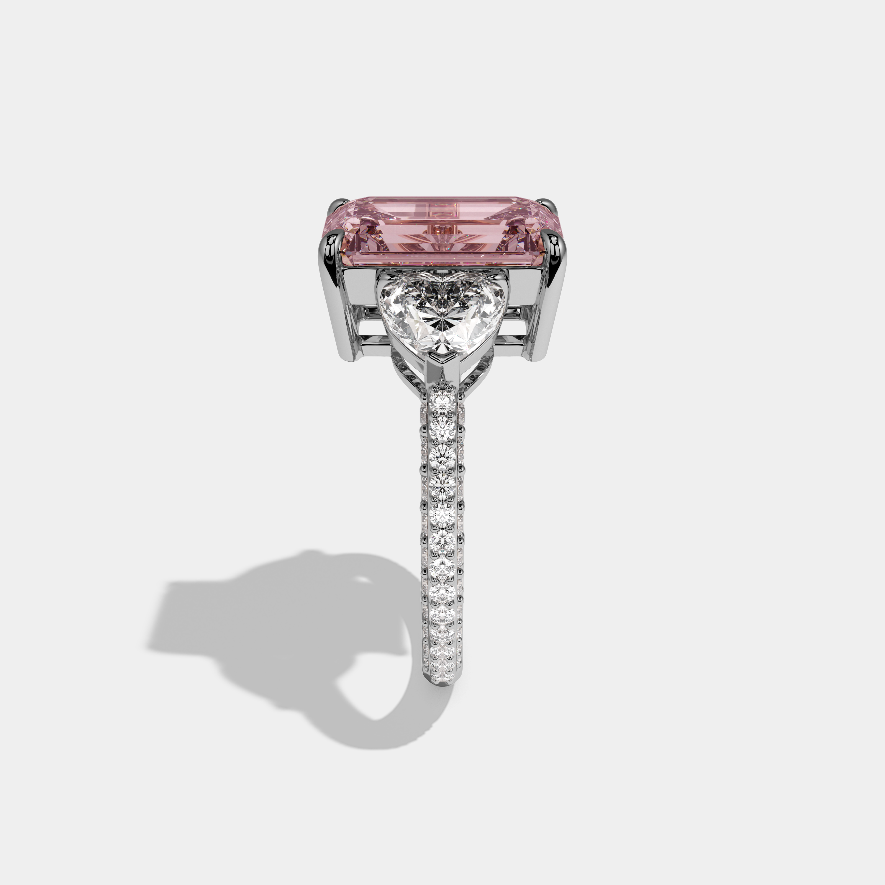 Beatrice Fancy Pink Emerald Cut Diamond Band With Heart Cut Sides Engagement Ring 8ct 18K White Gold