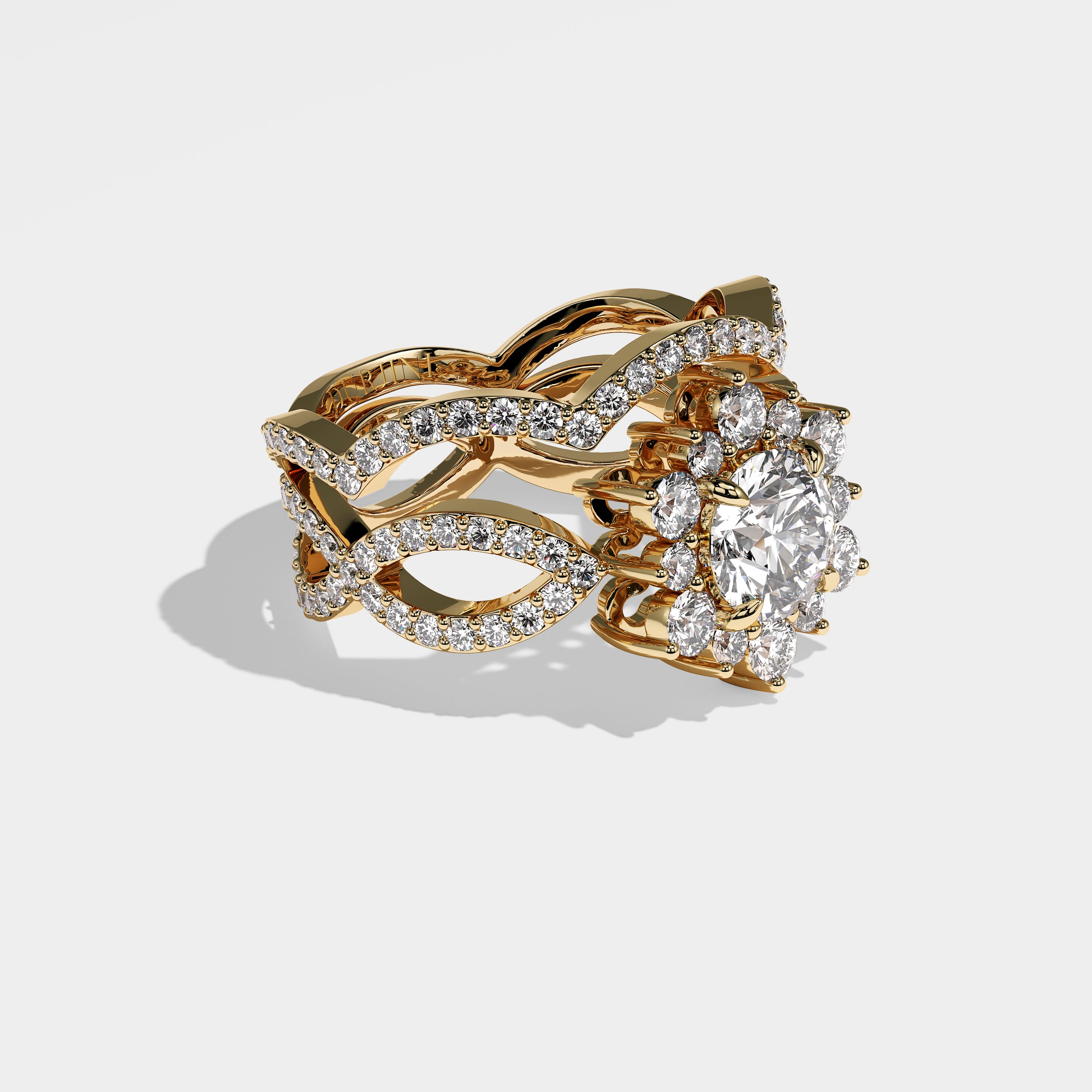 Panda round brilliant halo diamond engagement ring set in 18K yellow gold by Kurbãni Durjini, right view