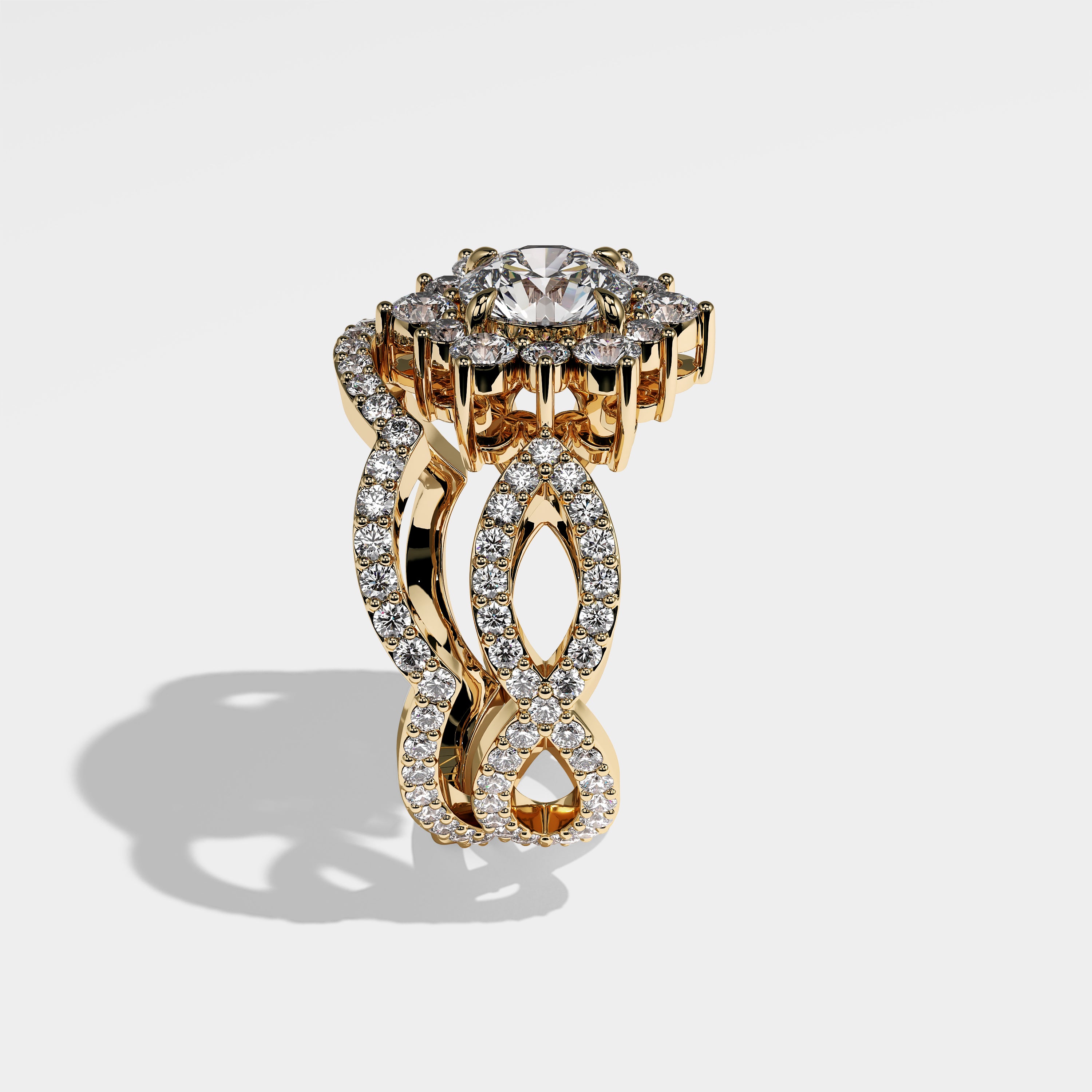 Panda round brilliant halo diamond engagement ring set in 18K yellow gold by Kurbãni Durjini, side view