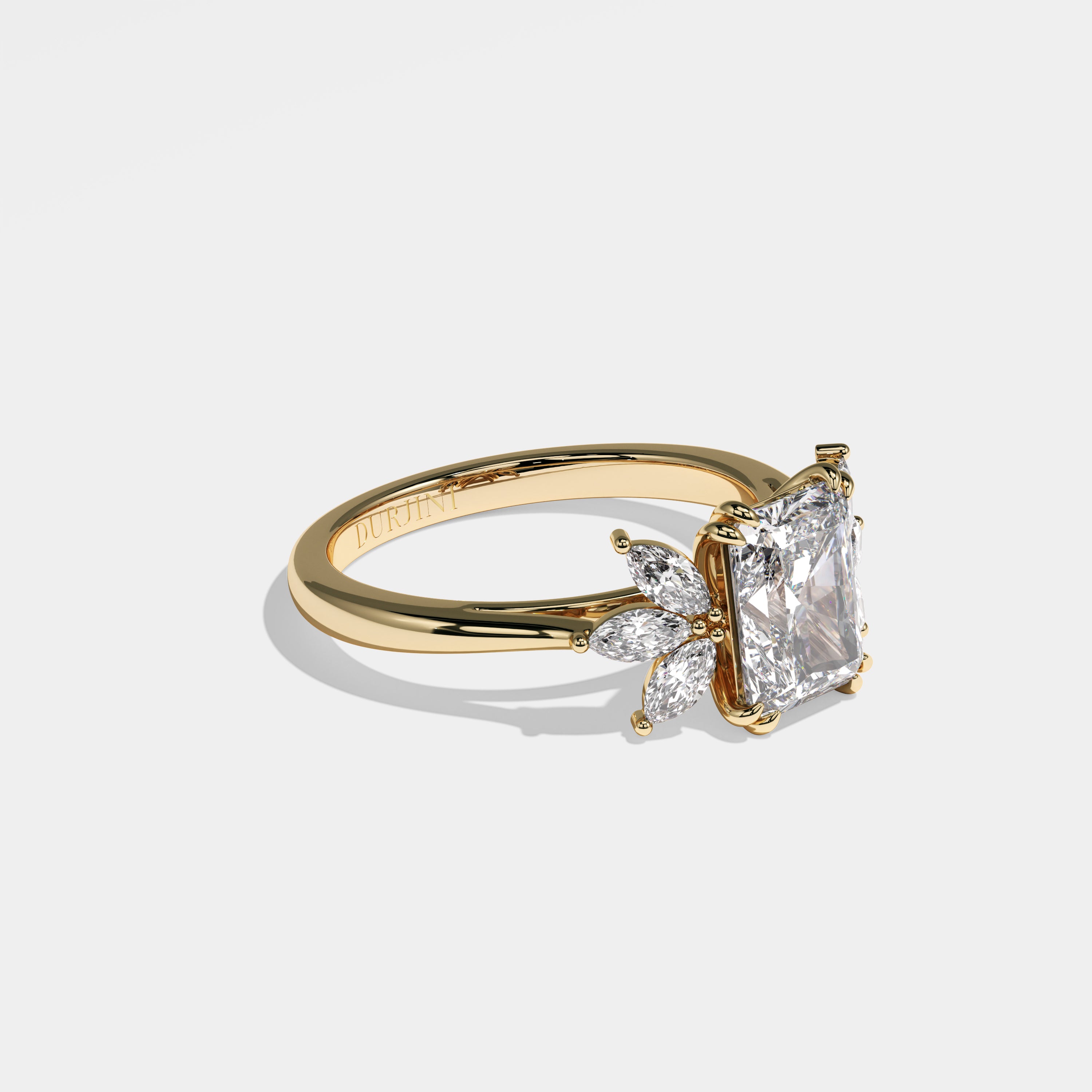 Pearl radiant diamond engagement ring in 18K yellow gold by Kurbãni Durjini, right view