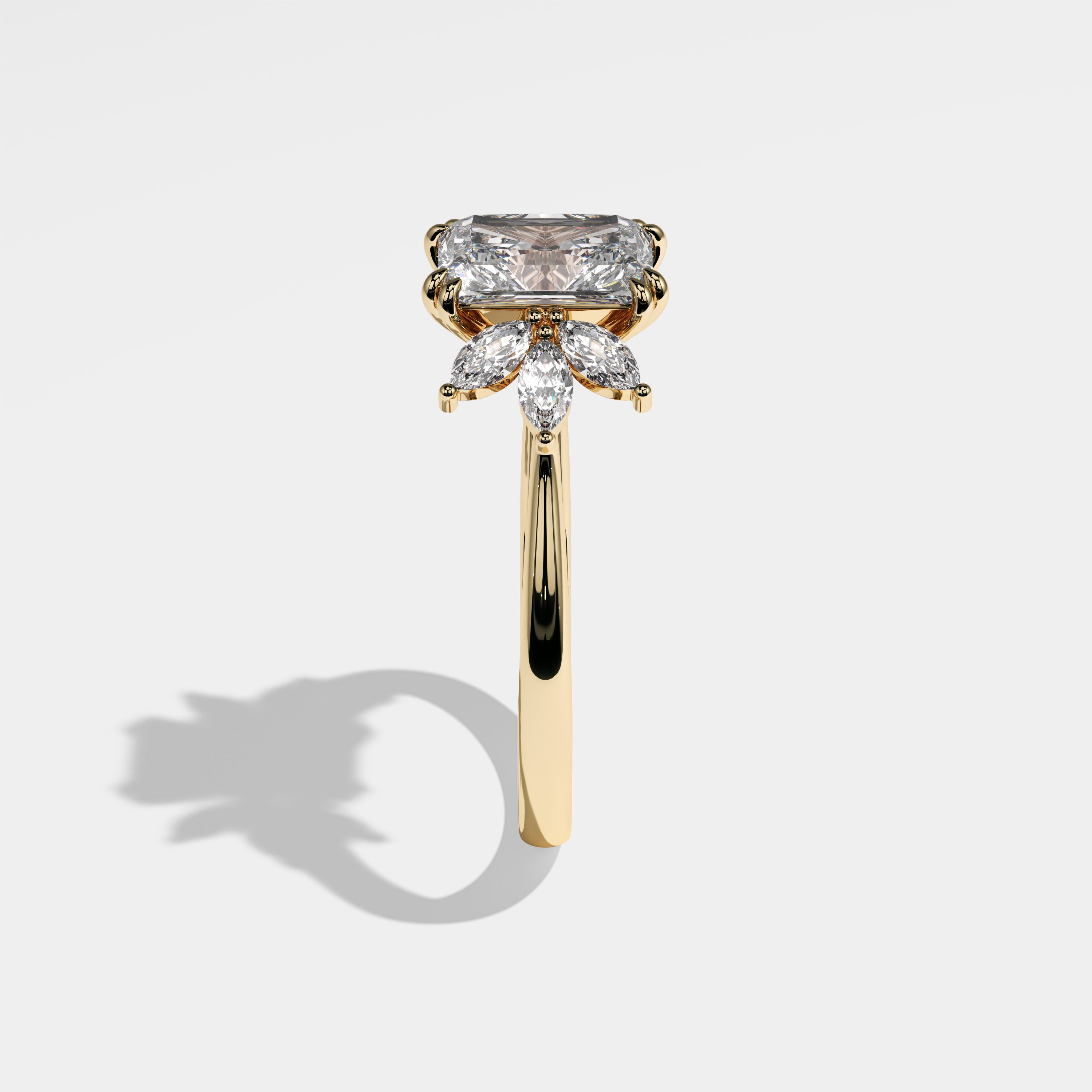 Pearl radiant diamond engagement ring in 18K yellow gold by Kurbãni Durjini, side view