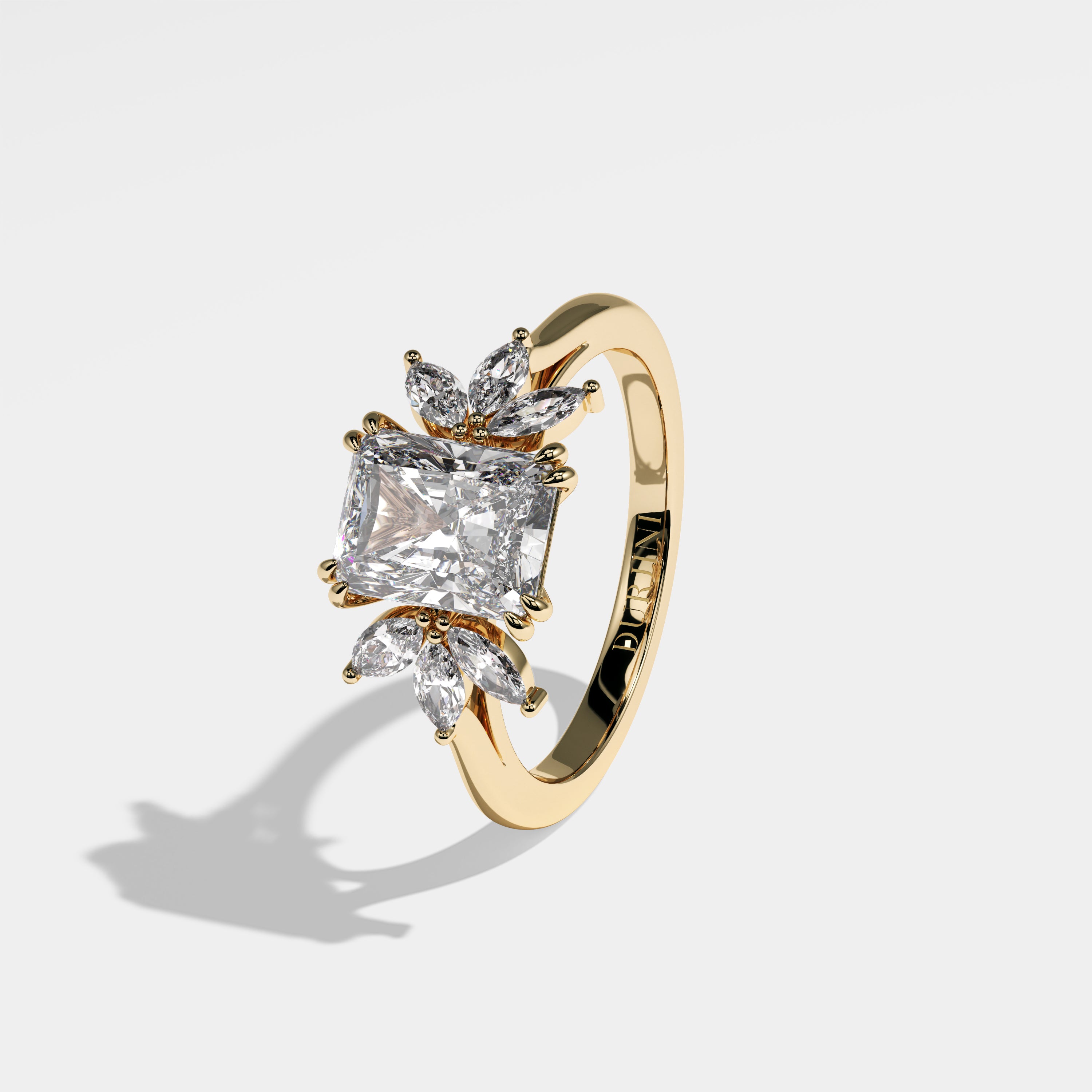 Pearl radiant diamond engagement ring in 18K yellow gold by Kurbãni Durjini, left view