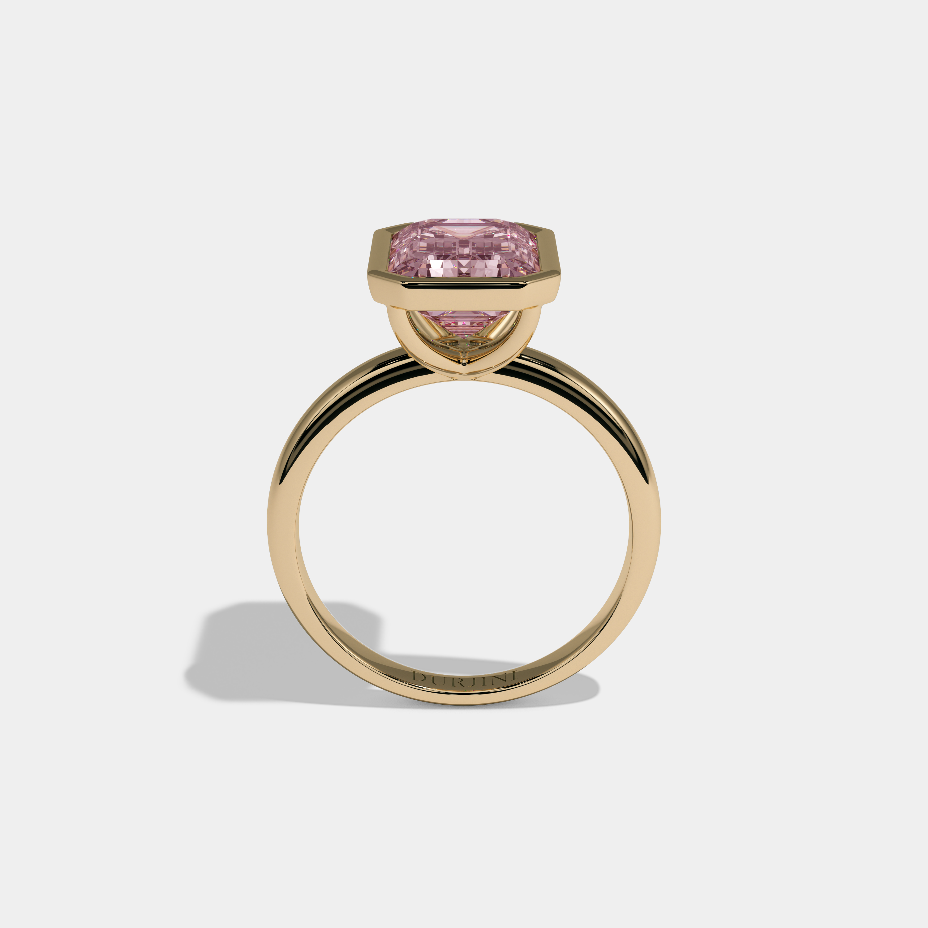Charlotte Fancy Pink Emerald Cut Diamond Plain Band Bezel Engagement Ring 5ct 18K Yellow Gold
