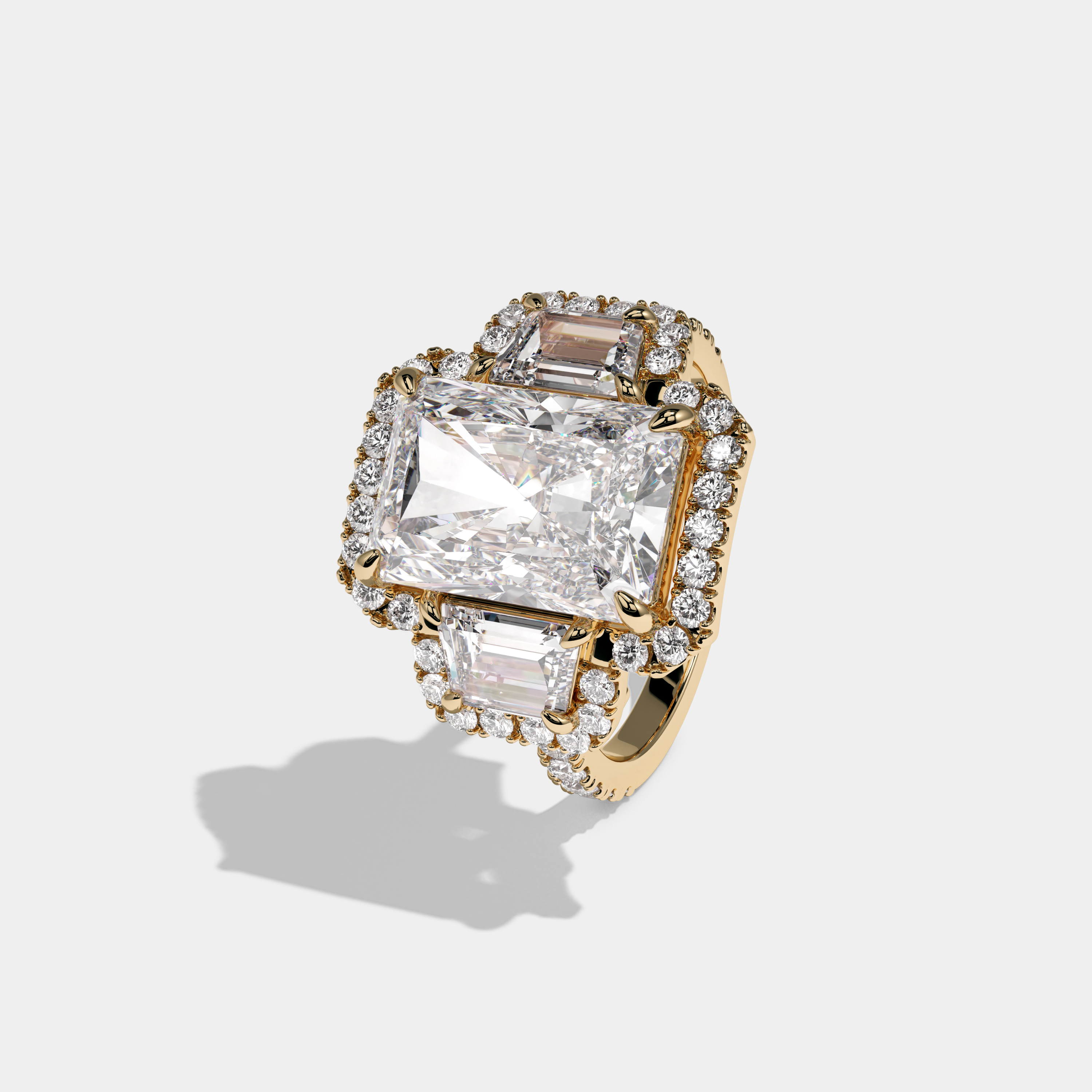 Victoria Radiant Cut Diamond Halo With Step Cut Trapezoid Side Diamond Band Engagement Ring 10ct 18K Yellow Gold