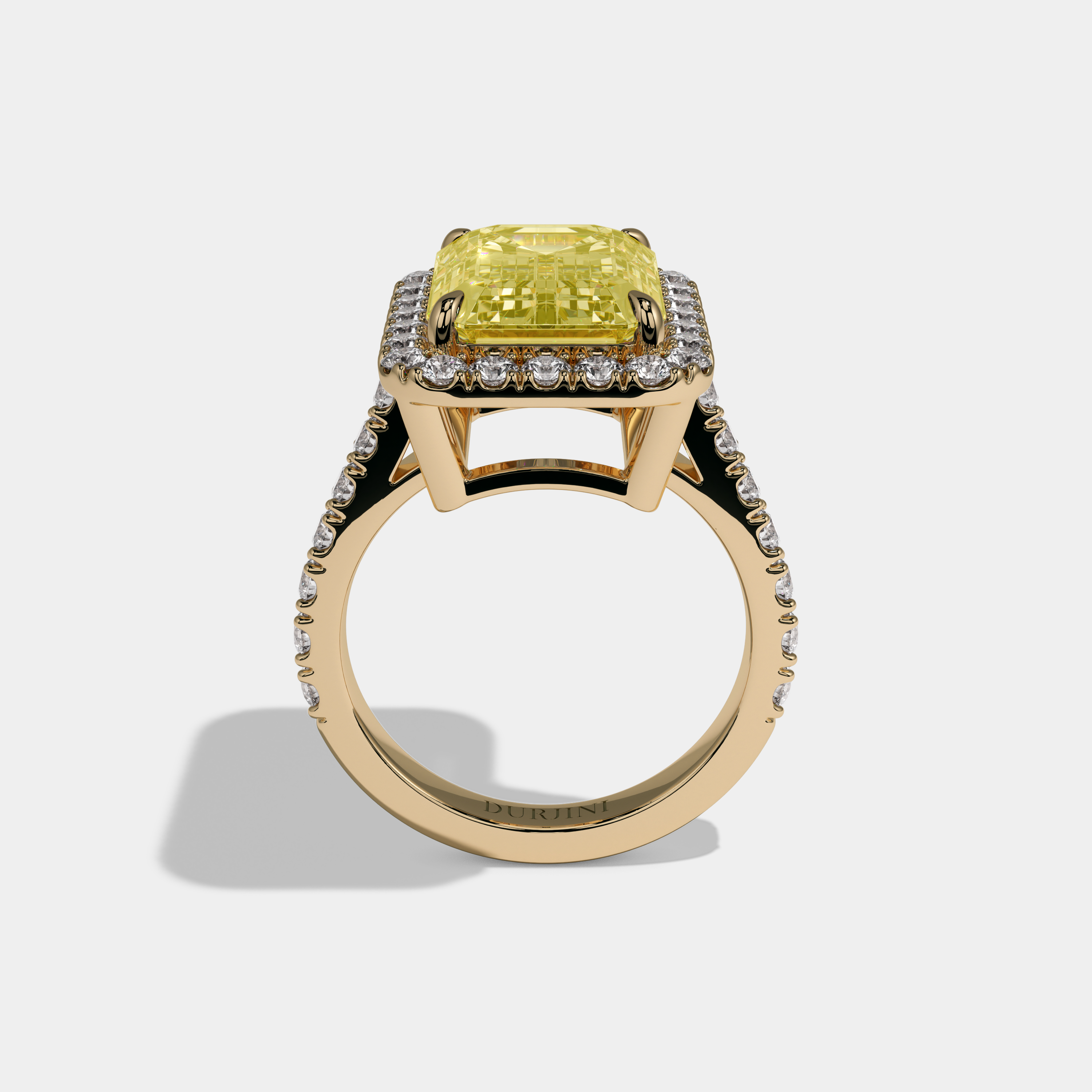 Elizabeth Fancy Yellow Emerald Cut Diamond Halo Diamond Band Engagement Ring 8ct 18K Yellow Gold