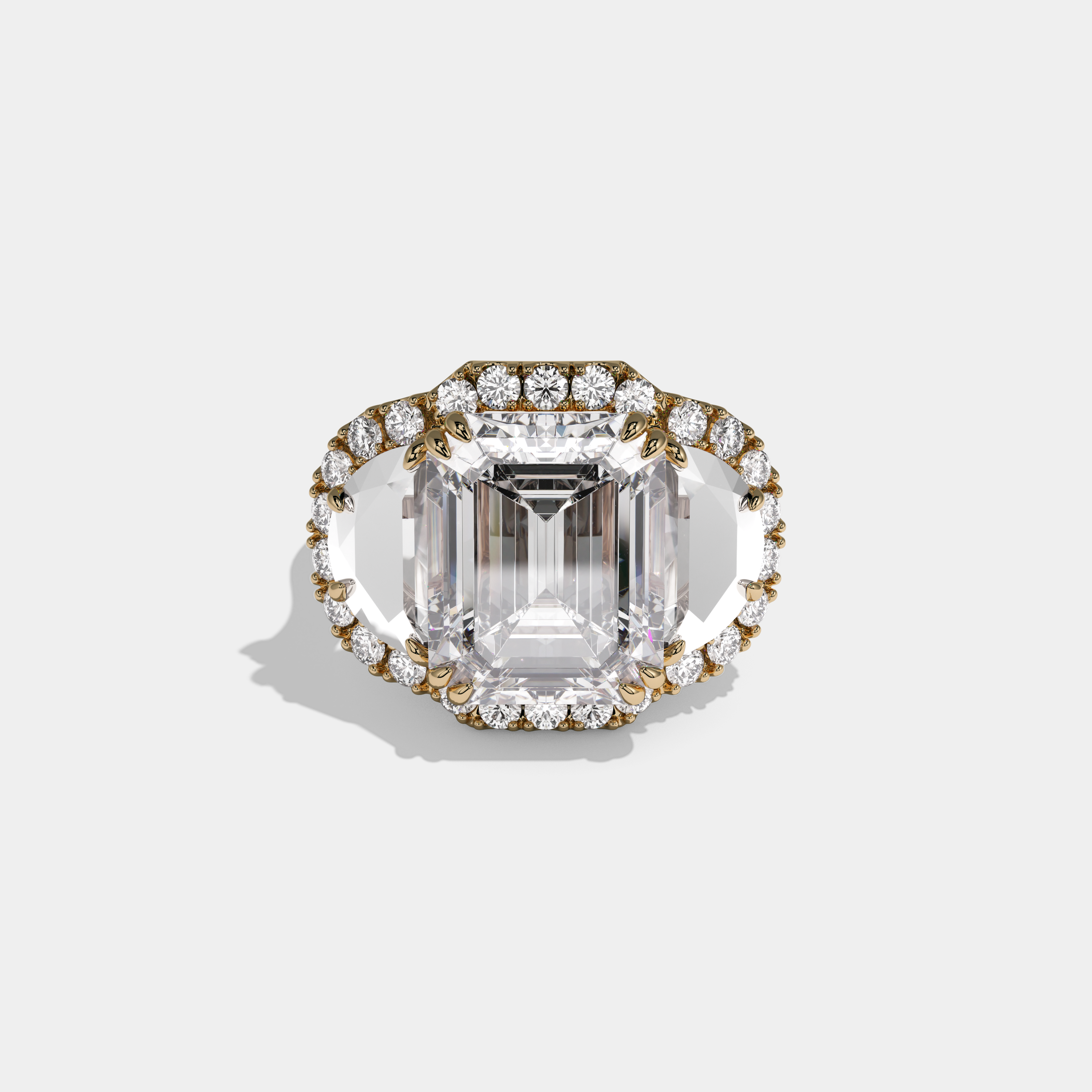 Blanche Emerald Cut Diamond With Half Moon Halo Band Engagement Ring 10ct 18K Yellow Gold