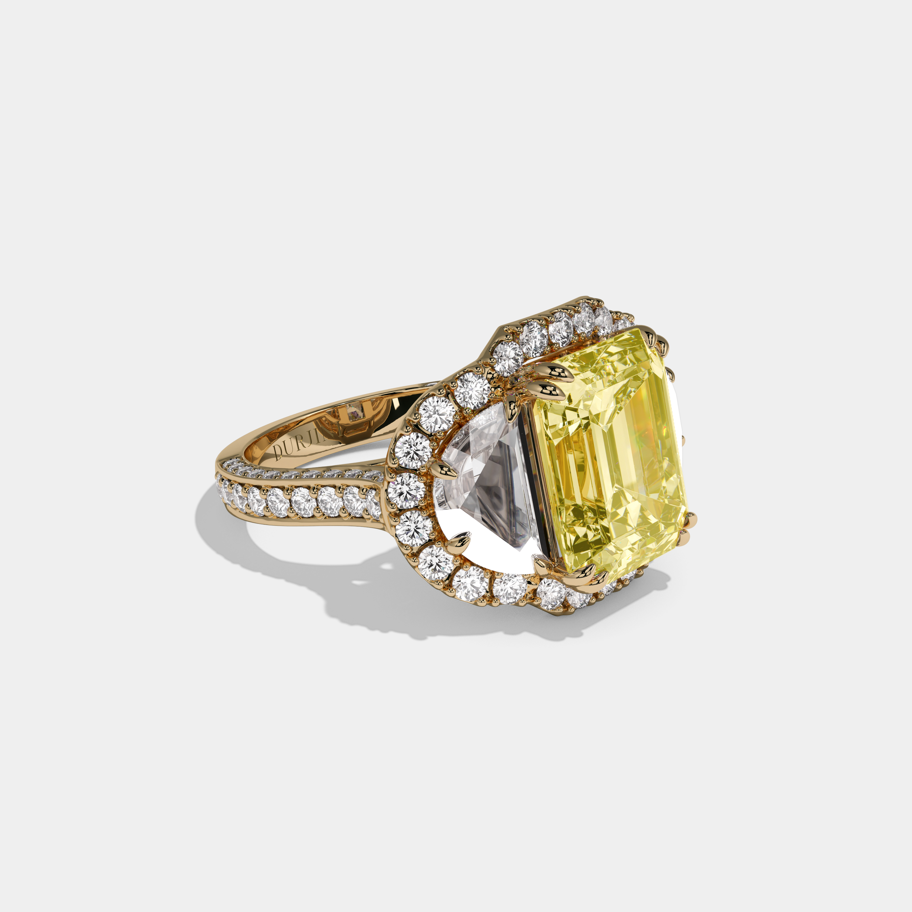 Arabella Fancy Yellow Emerald Cut Diamond With Half Moon Halo Band Engagement Ring 10ct 18K Yellow Gold