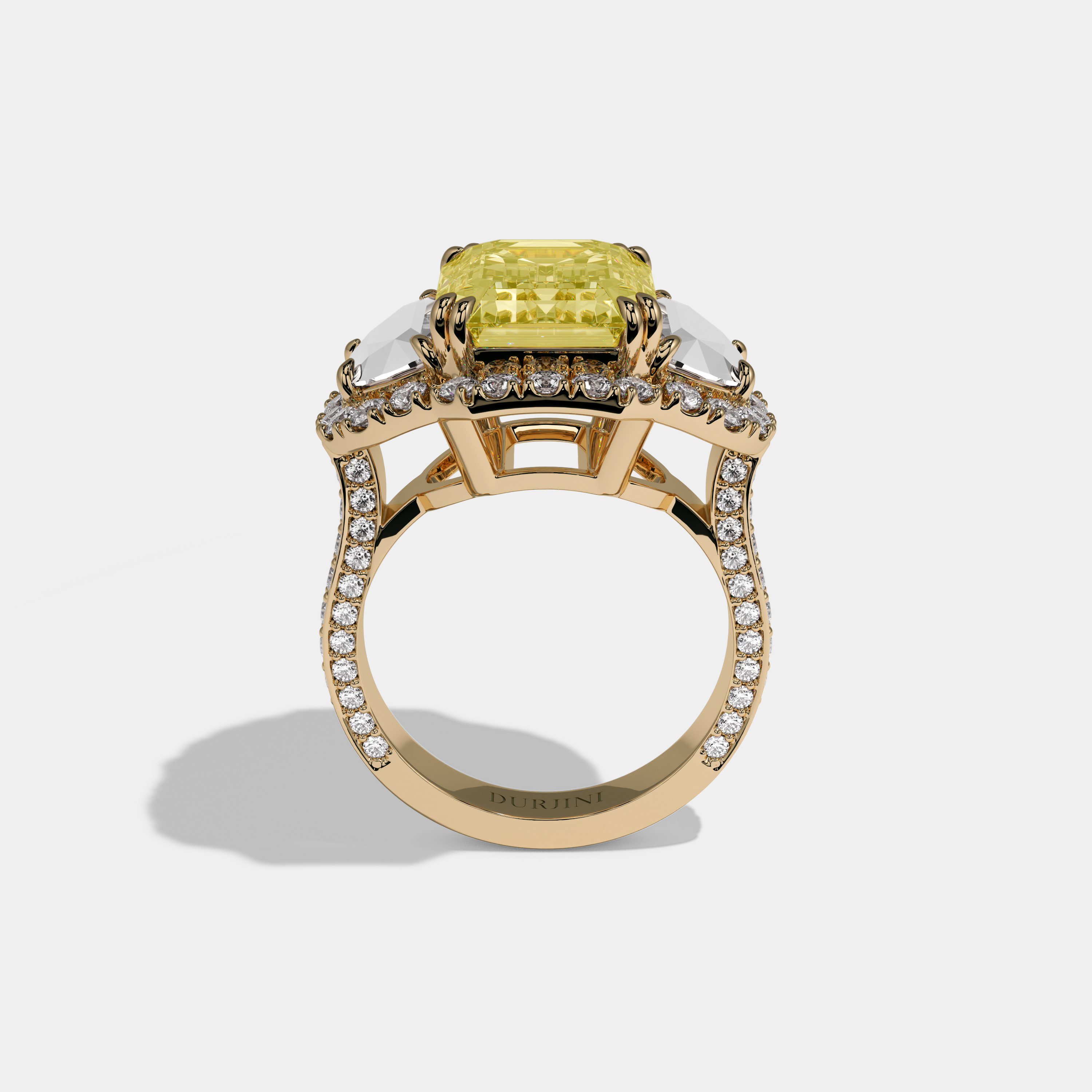 Arabella Fancy Yellow Emerald Cut Diamond With Half Moon Halo Band Engagement Ring 10ct 18K Yellow Gold