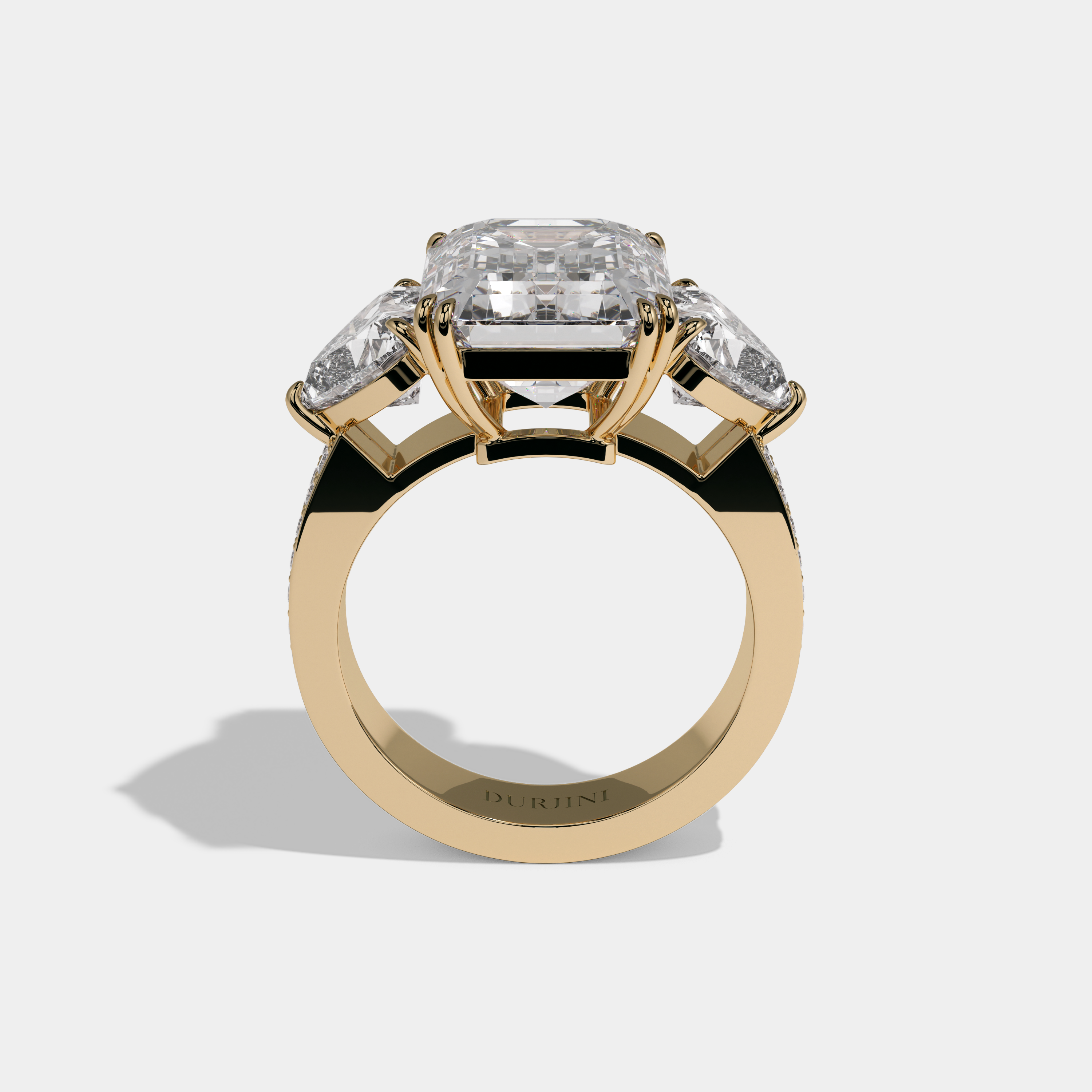Berengaria Emerald Cut Diamond Halo Double Band With Twin Heart Sides Engagement Ring 10ct 18K Yellow Gold