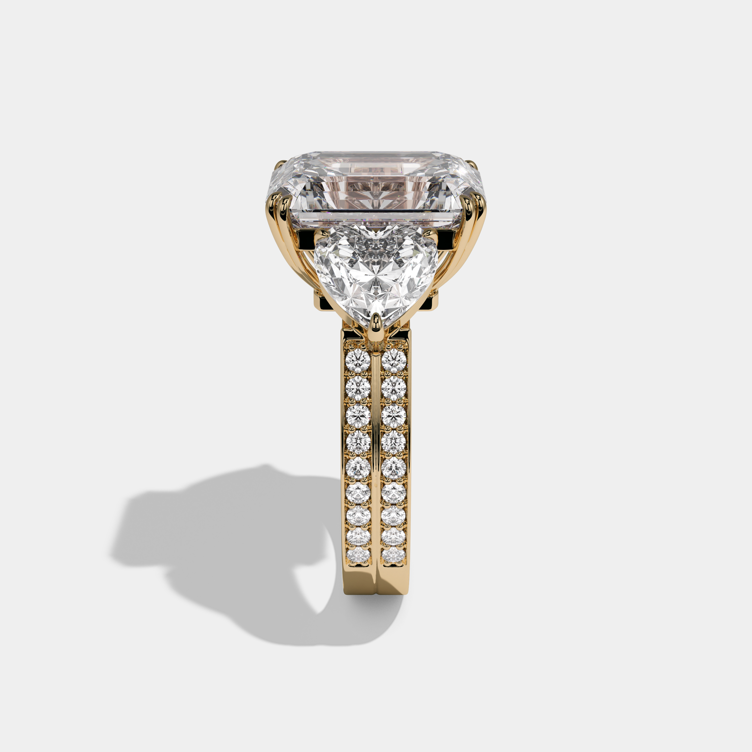 Berengaria Emerald Cut Diamond Halo Double Band With Twin Heart Sides Engagement Ring 10ct 18K Yellow Gold