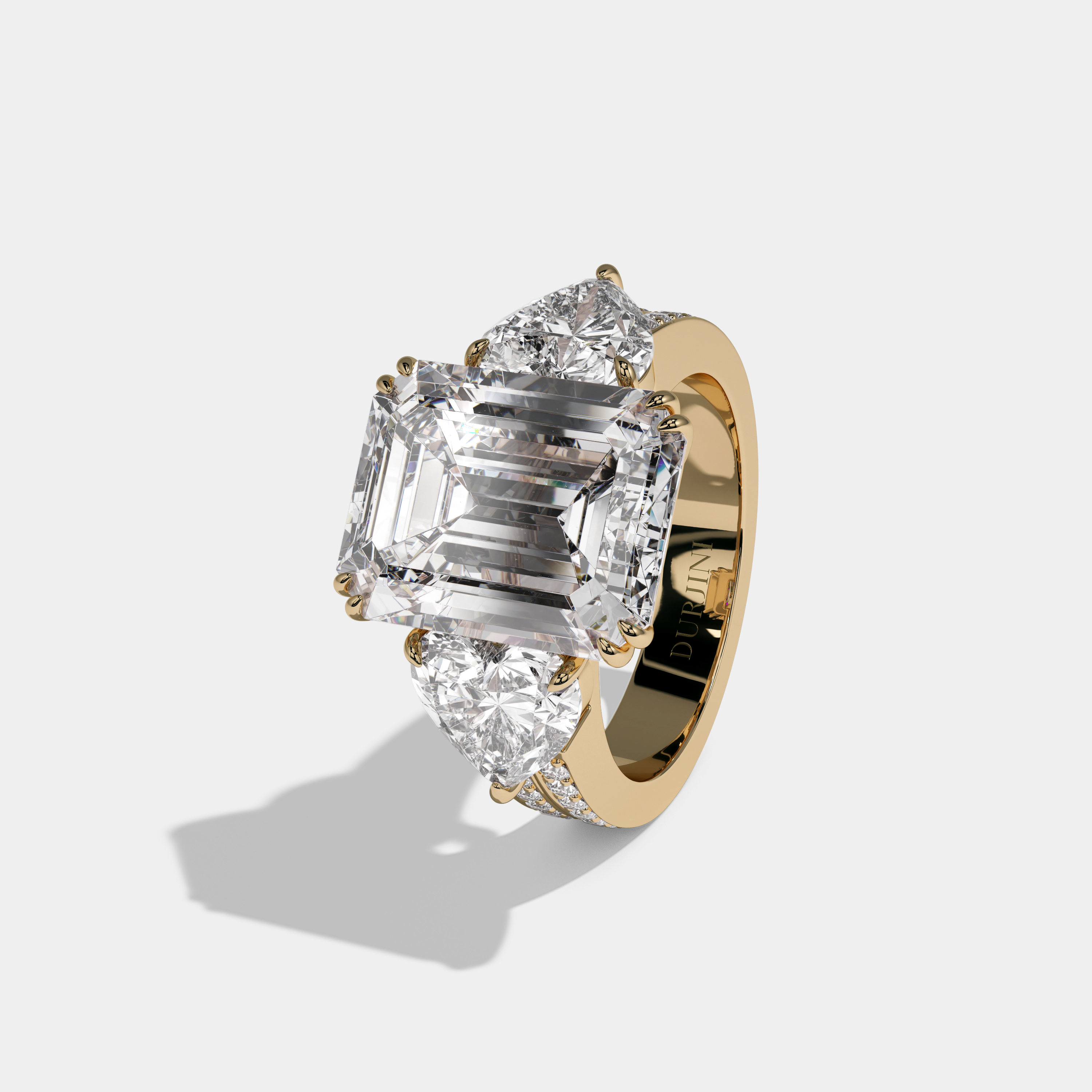 Berengaria Emerald Cut Diamond Halo Double Band With Twin Heart Sides Engagement Ring 10ct 18K Yellow Gold