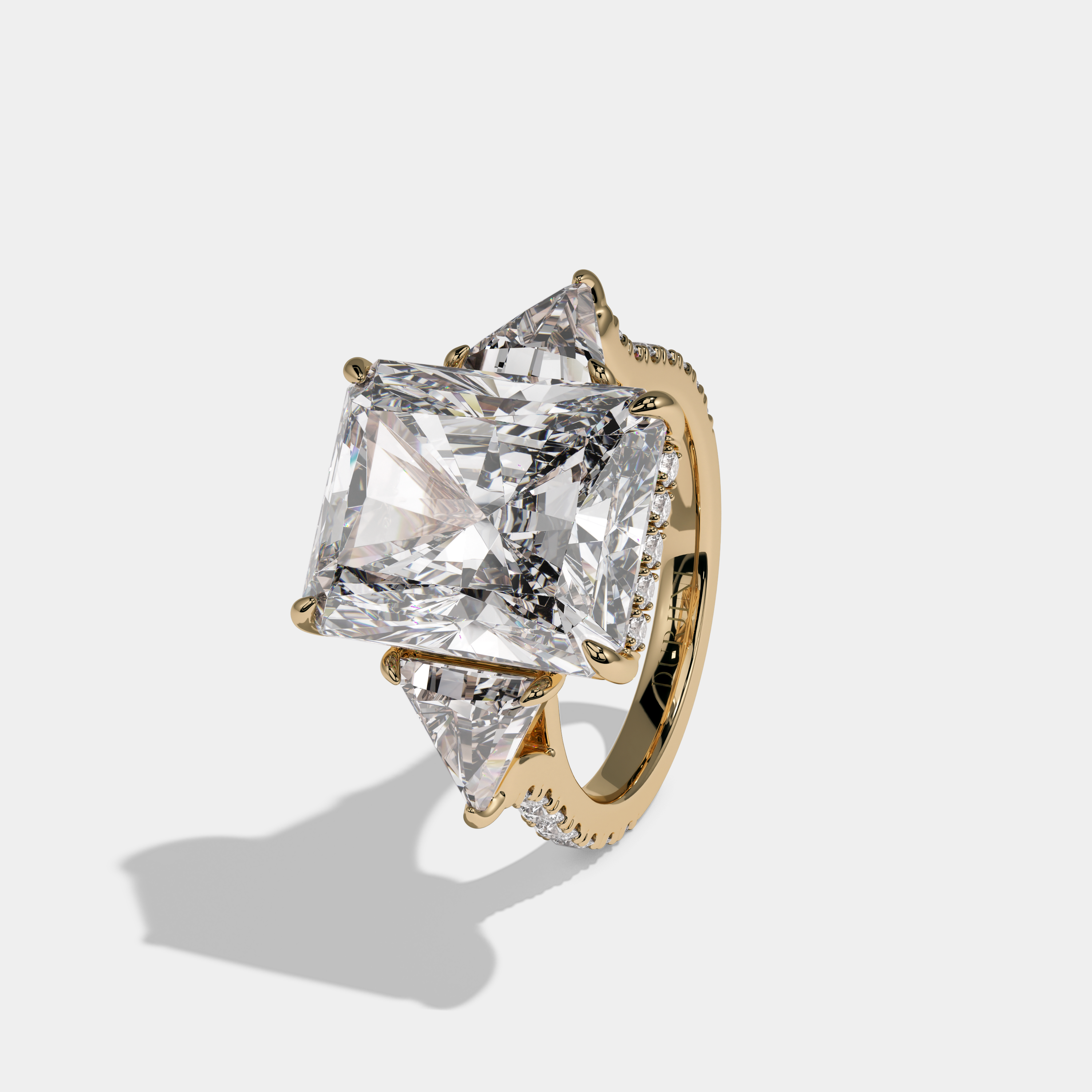 Elizabeth Radiant Cut Diamond Halo With Triangle Sides Diamond Band Engagement Ring 10ct 18k Yellow Gold