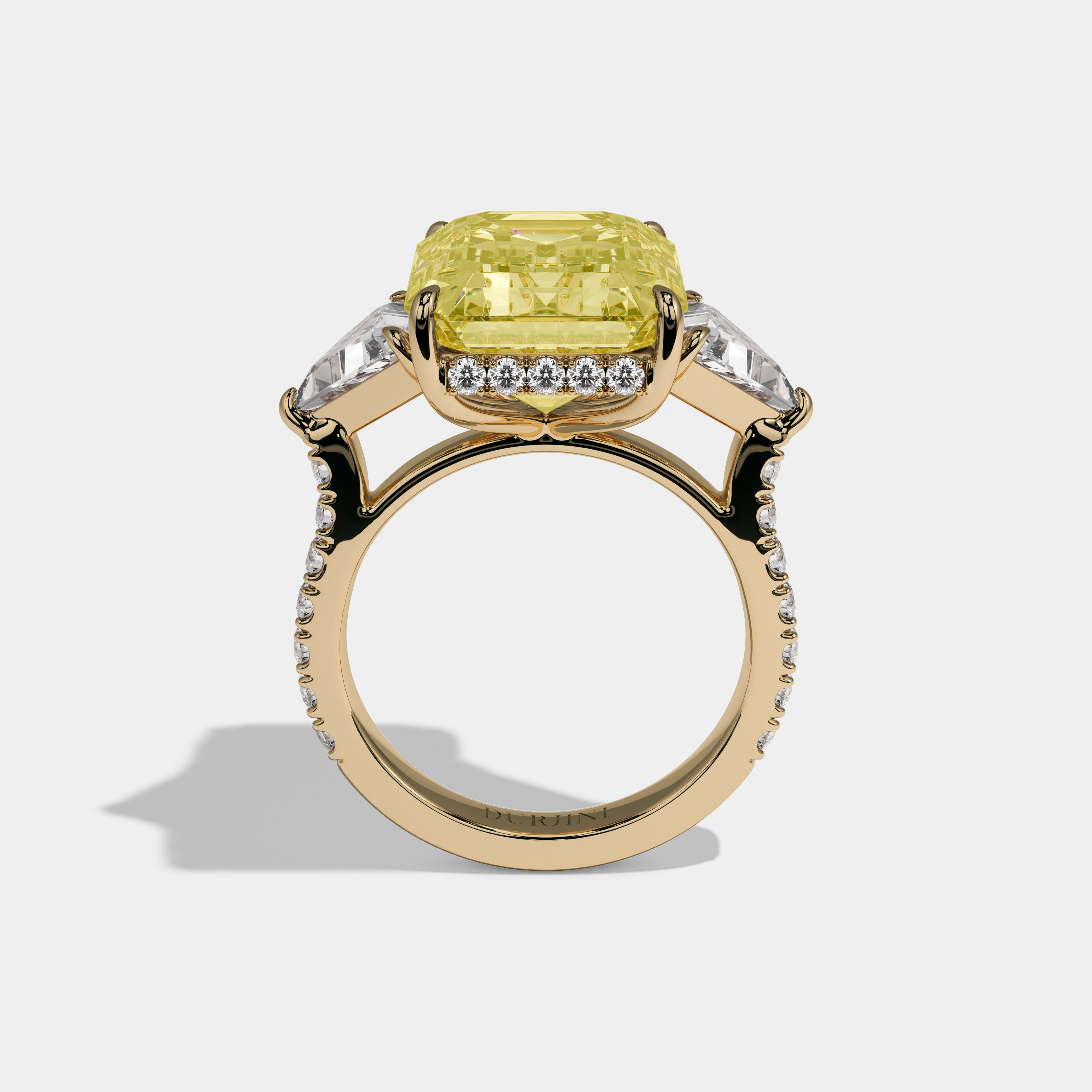 Victoria Fancy Yellow Emerald Cut Diamond Halo With Triangle Sides Engagement Ring 10ct 18K Yellow Gold