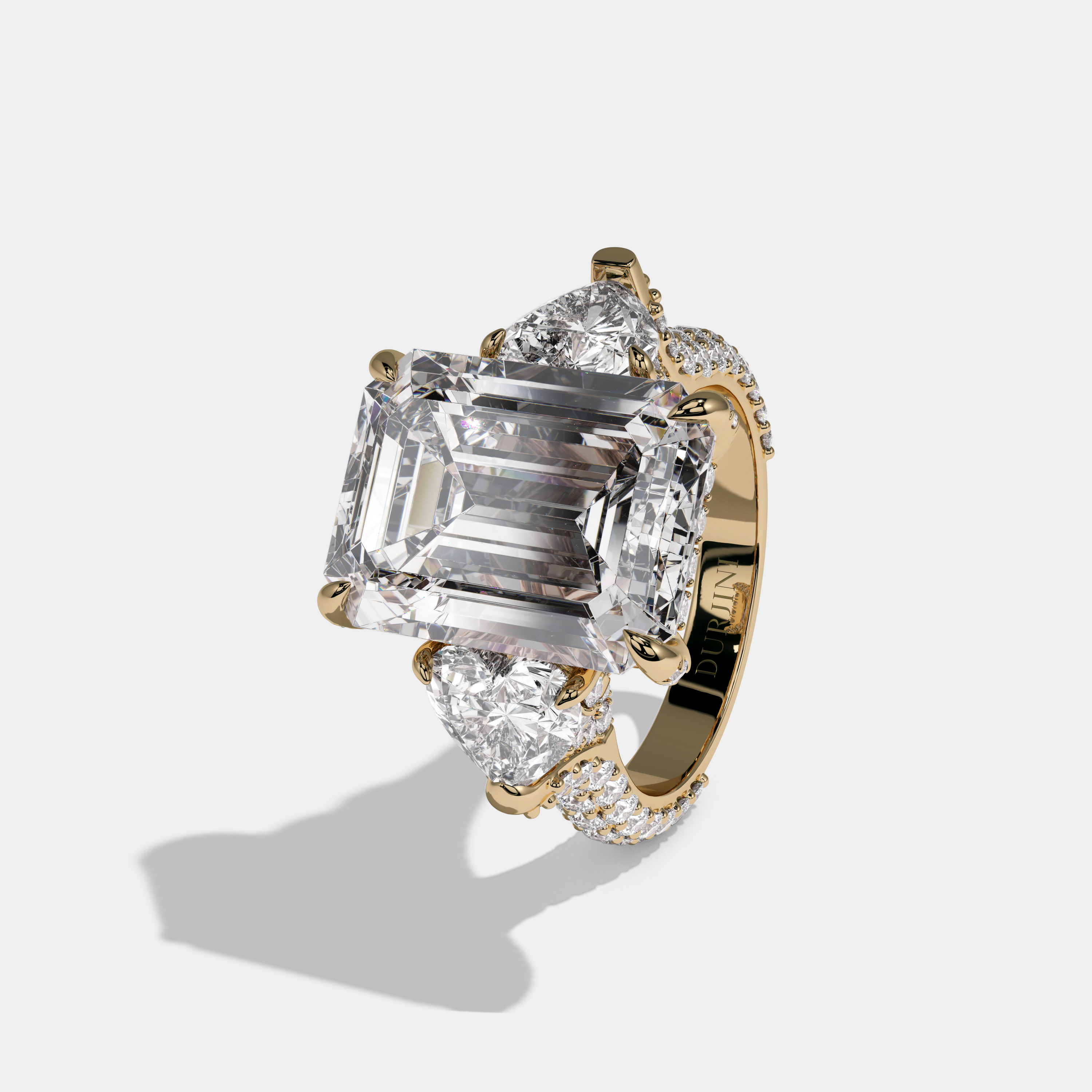 Juliana Emerald Cut Diamond Halo With Brilliant Cut Heart Sides Engagement Ring 10ct 18K Yellow Gold