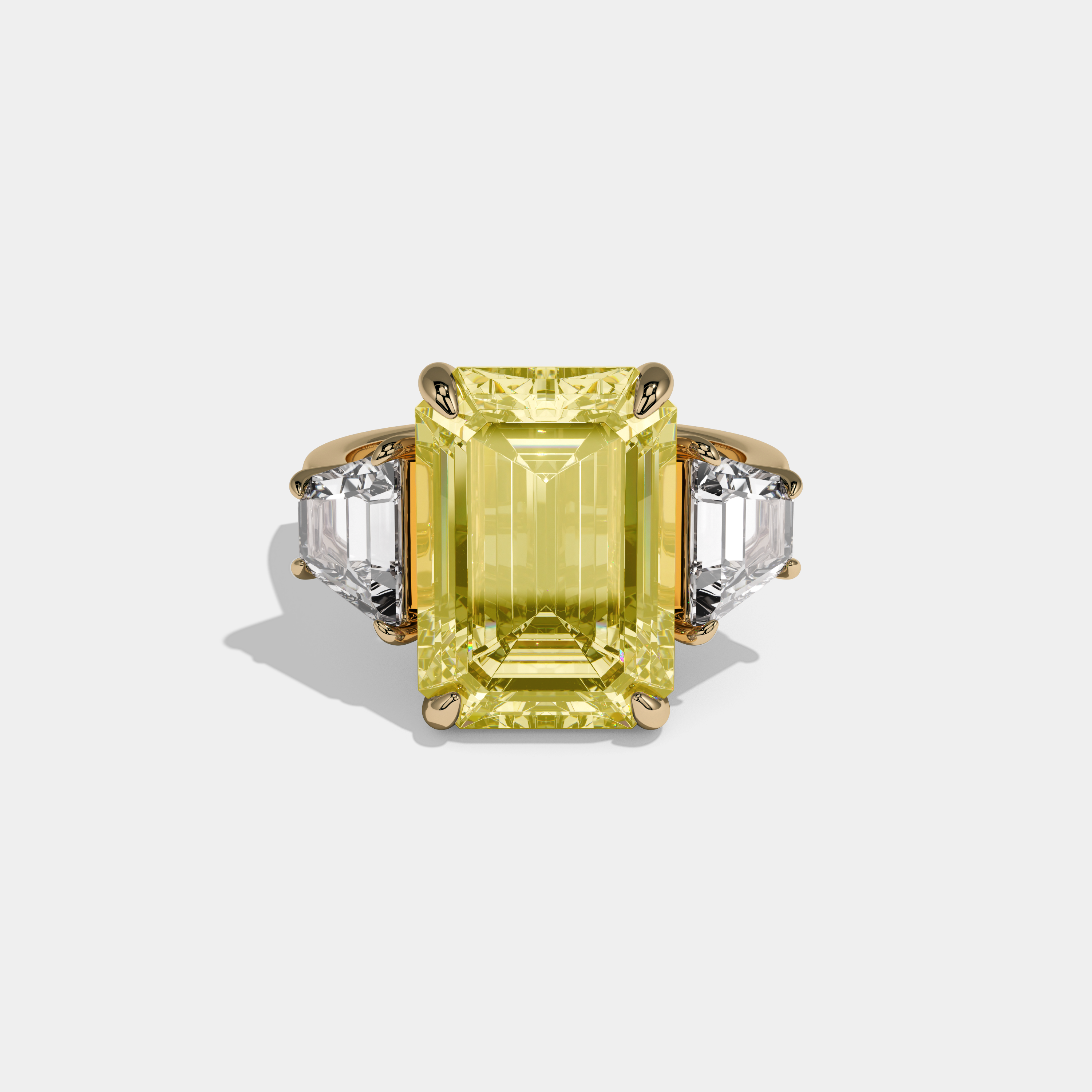 Victoria Fancy Yellow Emerald Cut Diamond Plain Band With Quad Cut Sides Engagement Ring 8ct 18K Yellow Gold
