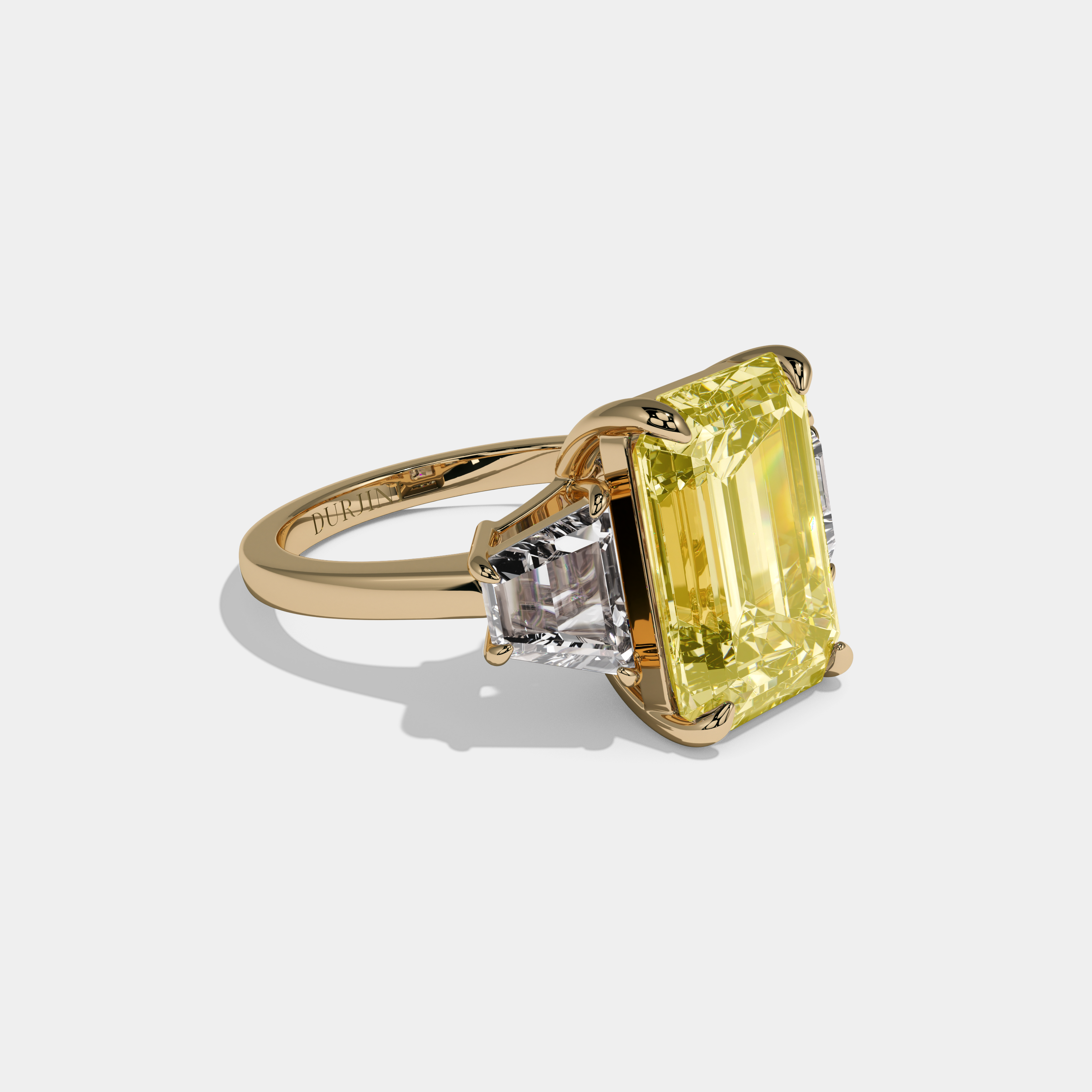 Victoria Fancy Yellow Emerald Cut Diamond Plain Band With Quad Cut Sides Engagement Ring 8ct 18K Yellow Gold
