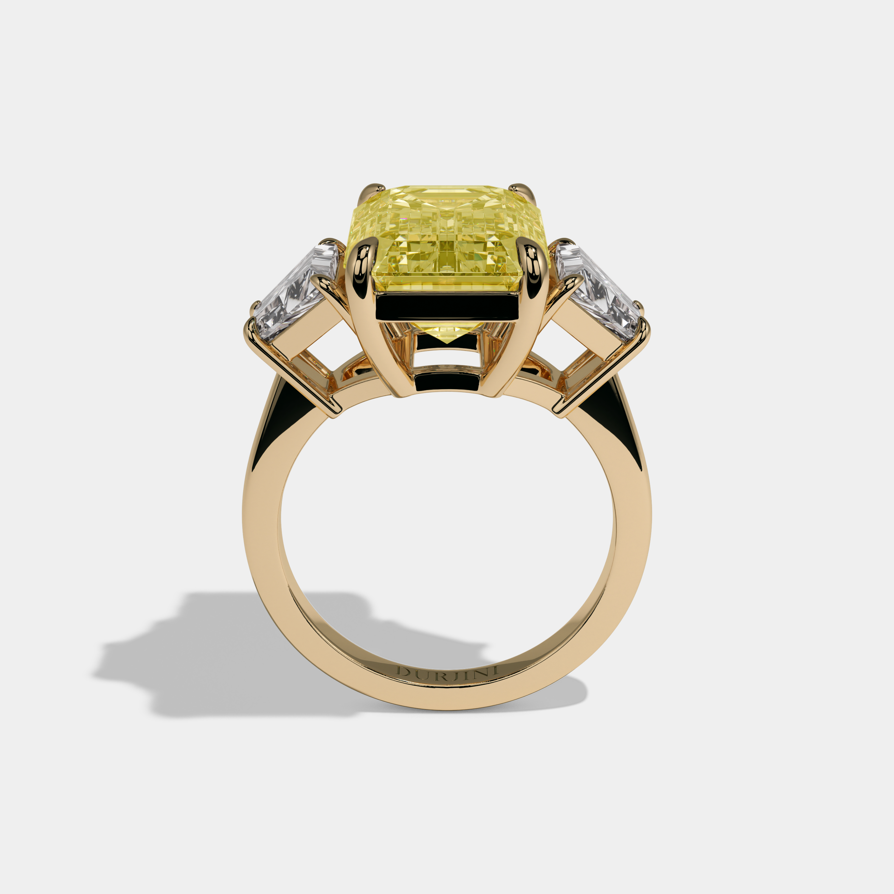 Victoria Fancy Yellow Emerald Cut Diamond Plain Band With Quad Cut Sides Engagement Ring 8ct 18K Yellow Gold