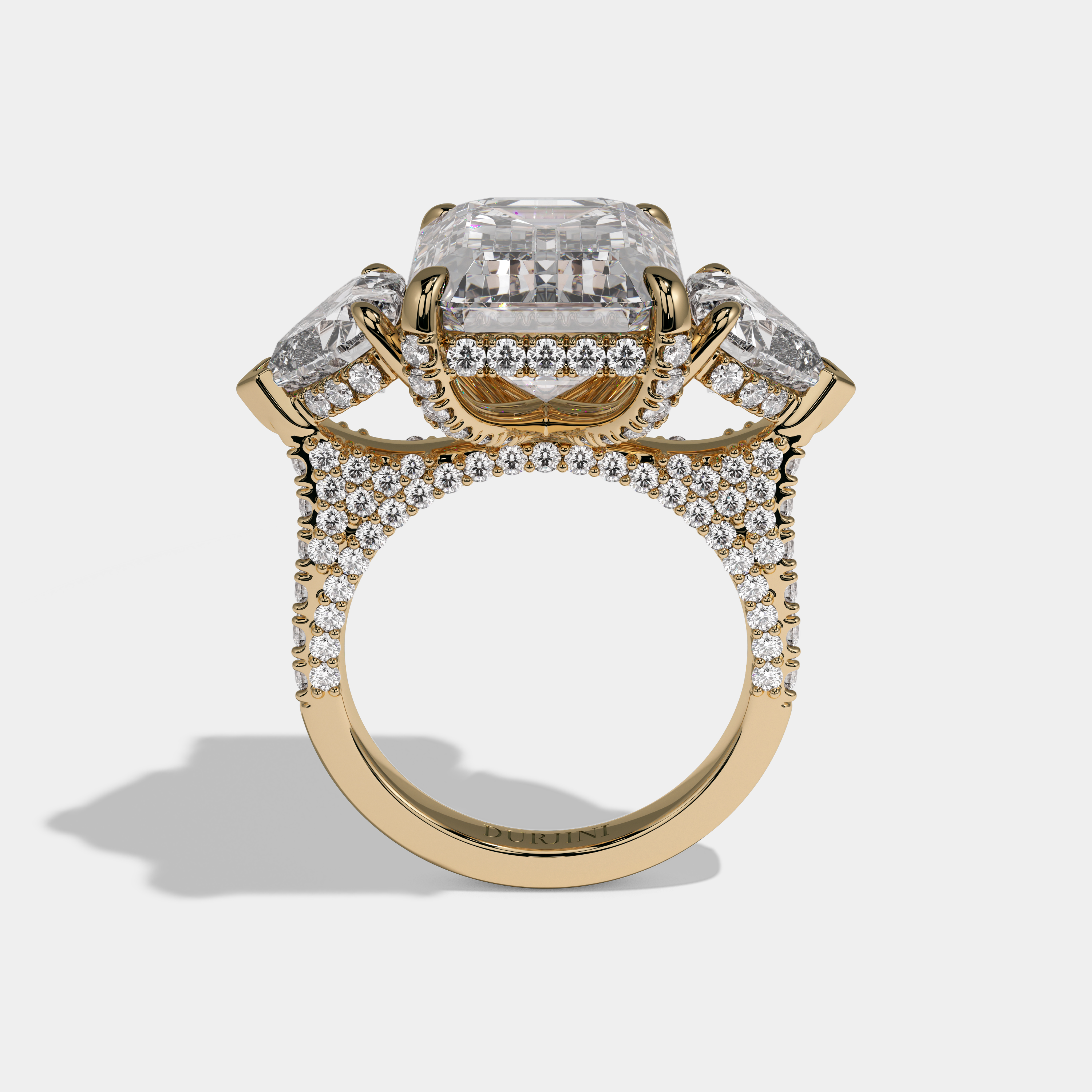 Millicent Emerald Cut Diamond Halo With Brilliant Cut Heart Side Diamond Band Engagement Ring 10ct 18K Yellow Gold