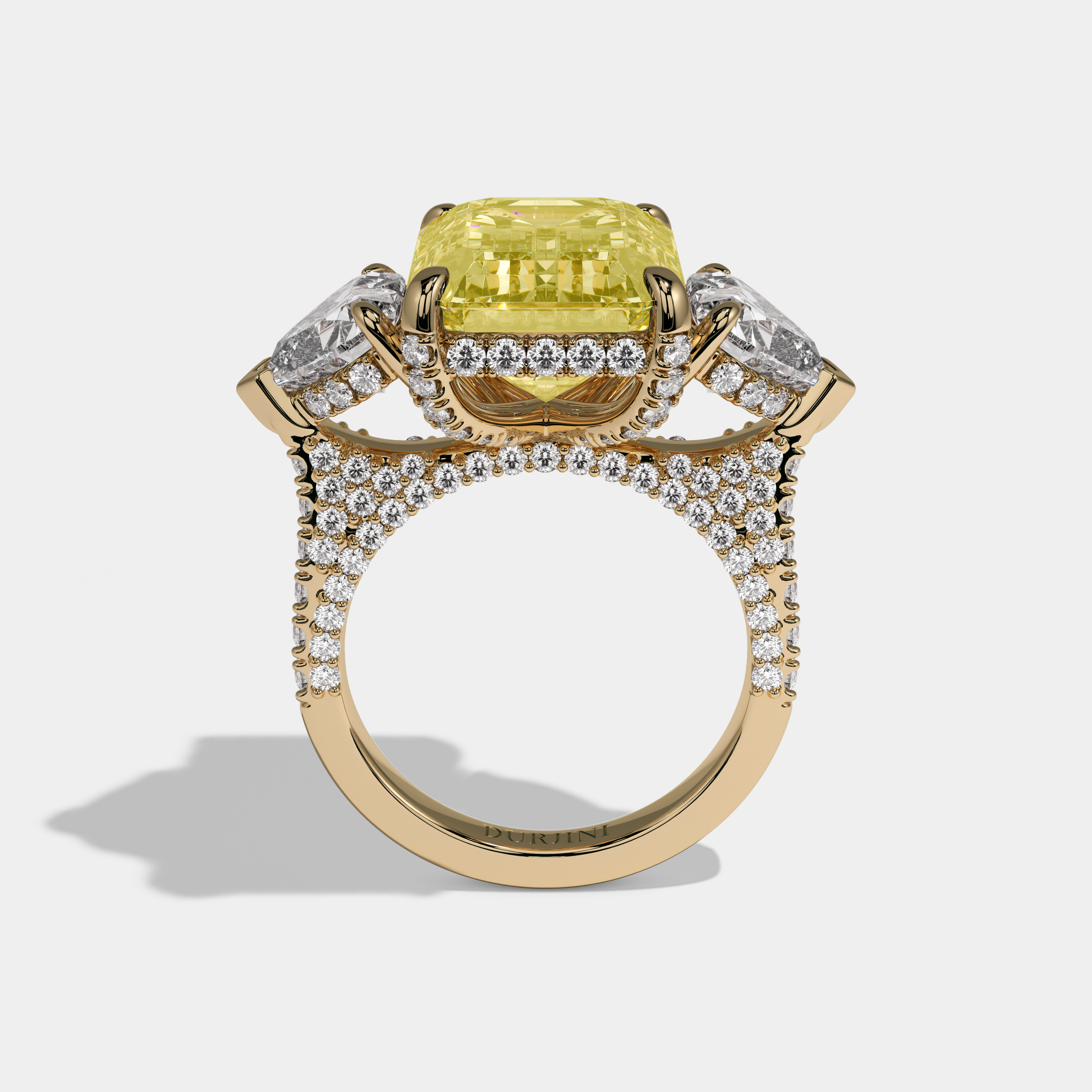 Charlotte Fancy Yellow Emerald Cut Diamond Halo With Brilliant Cut Heart Side Diamond Band Engagement Ring 10ct 18K Yellow Gold