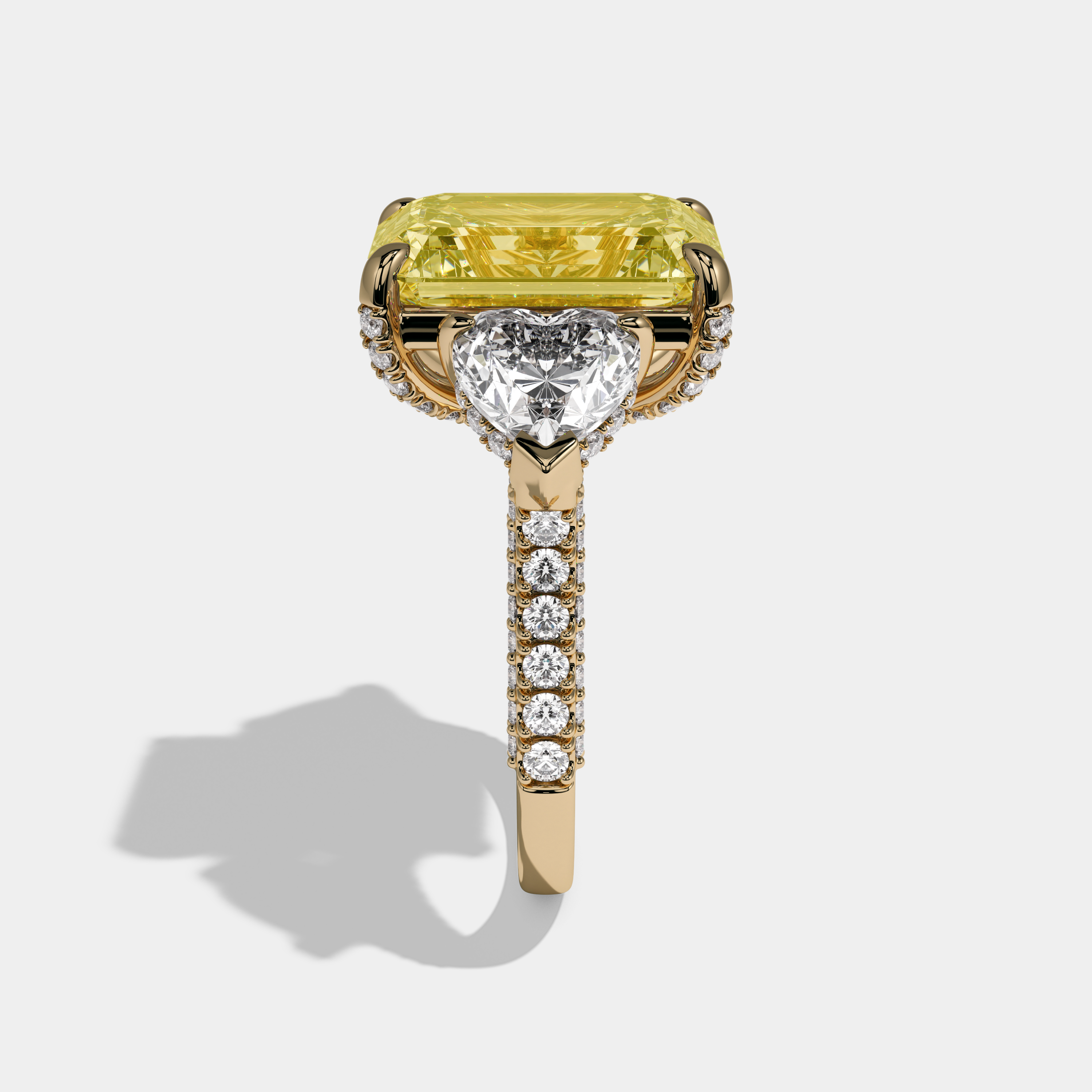 Charlotte Fancy Yellow Emerald Cut Diamond Halo With Brilliant Cut Heart Side Diamond Band Engagement Ring 10ct 18K Yellow Gold