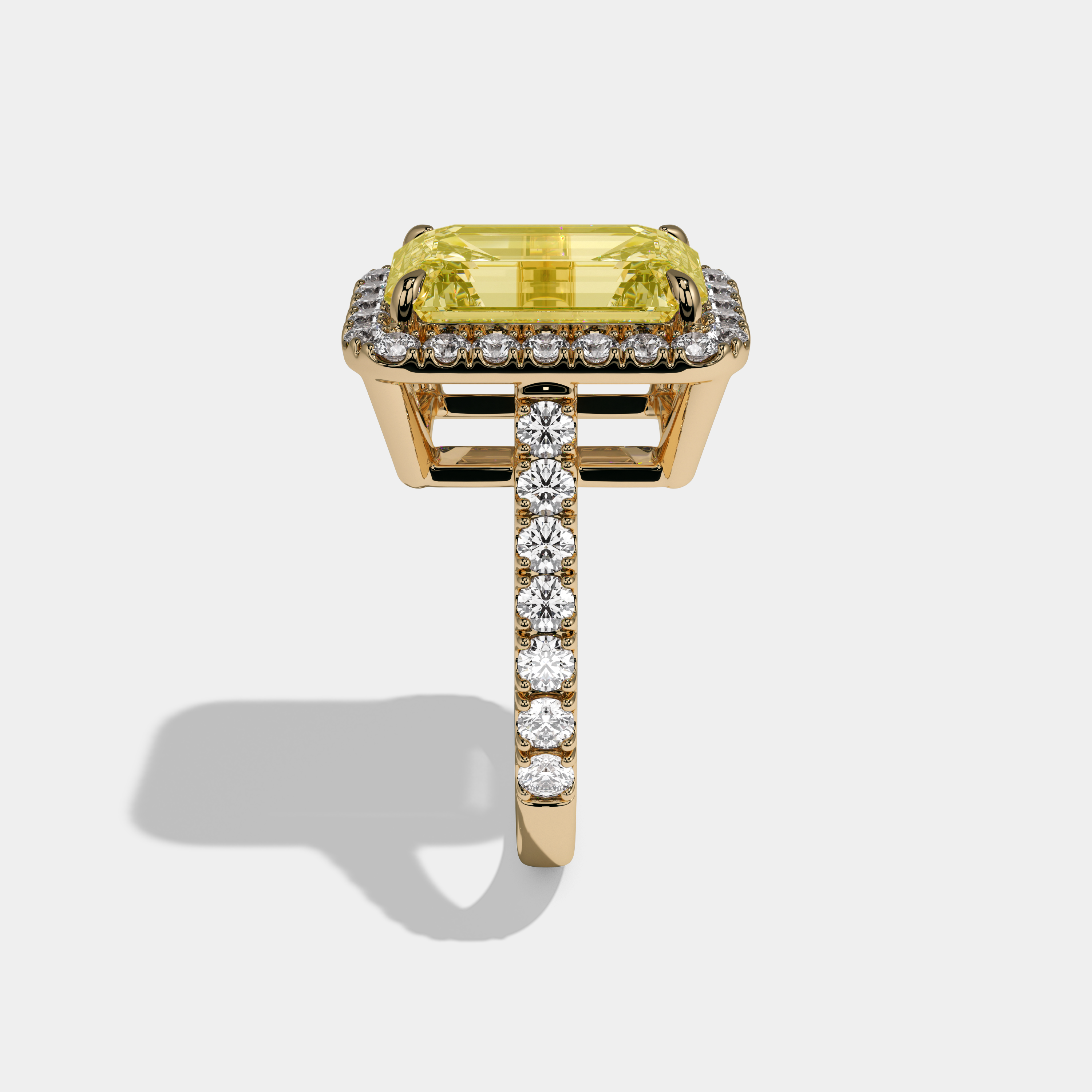 Elizabeth Fancy Yellow Emerald Cut Diamond Halo Engagement Ring 10ct 18K Yellow Gold